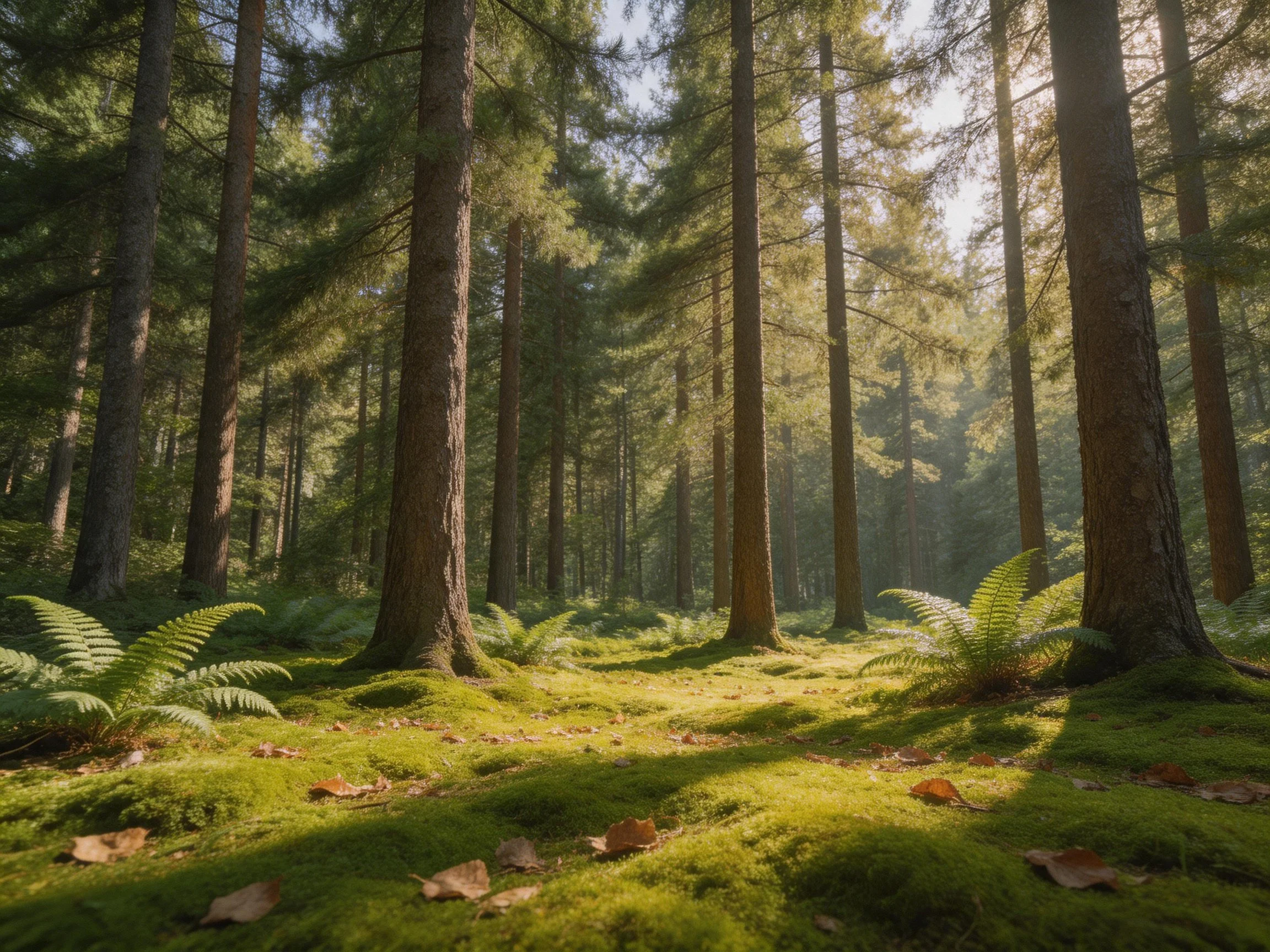 Tall pine trees in a sun-dappled, moss-covered forest