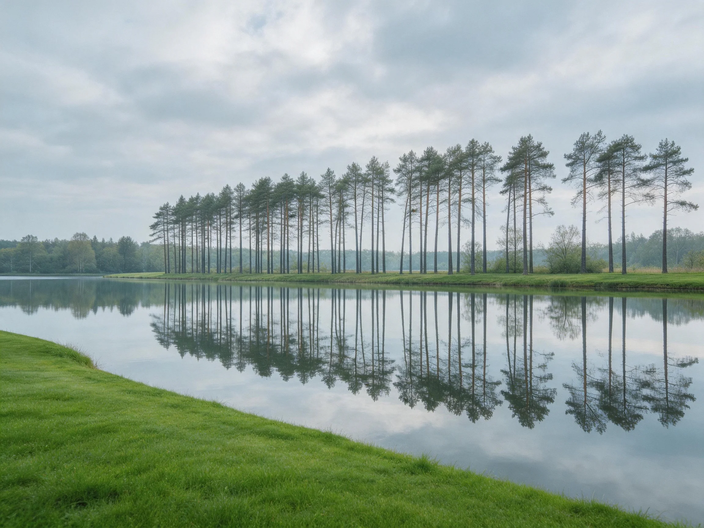 Tall pine trees reflect in a calm, green lakeside scene under cloudy skies.