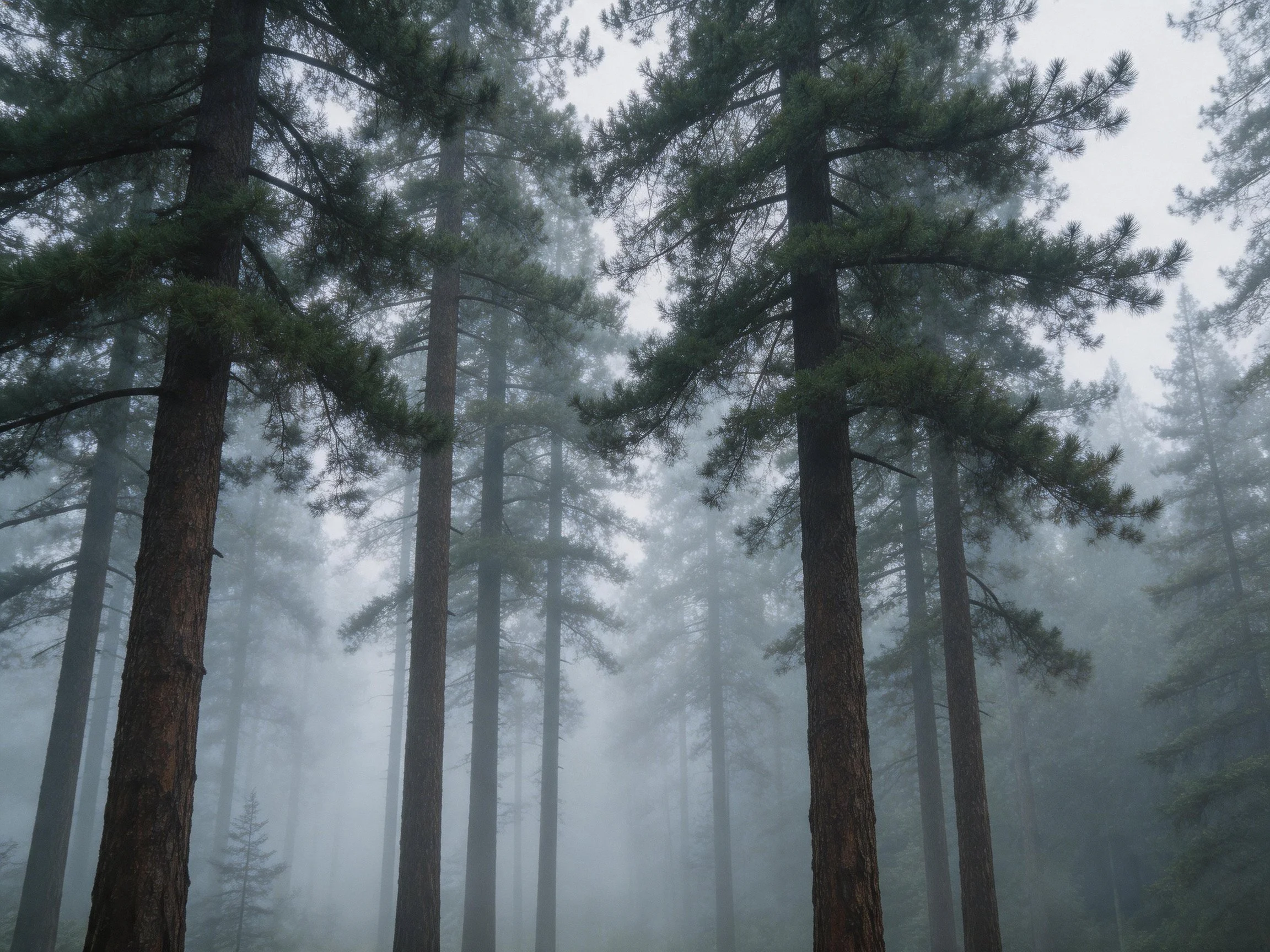 Tall pine trees shrouded in dense morning fog