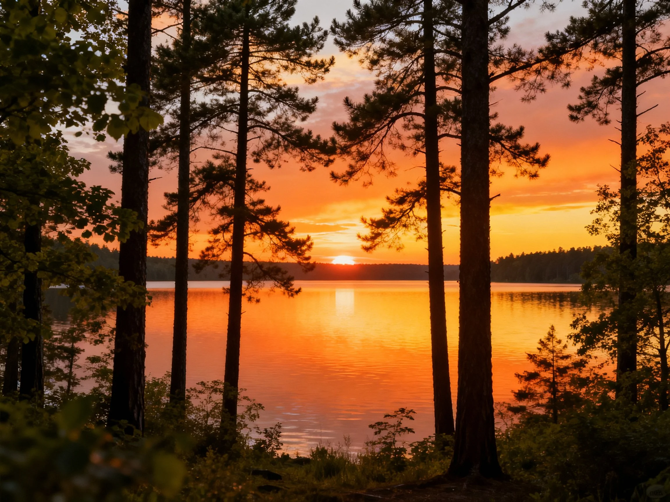 Tall pine trees silhouette a golden lake sunset