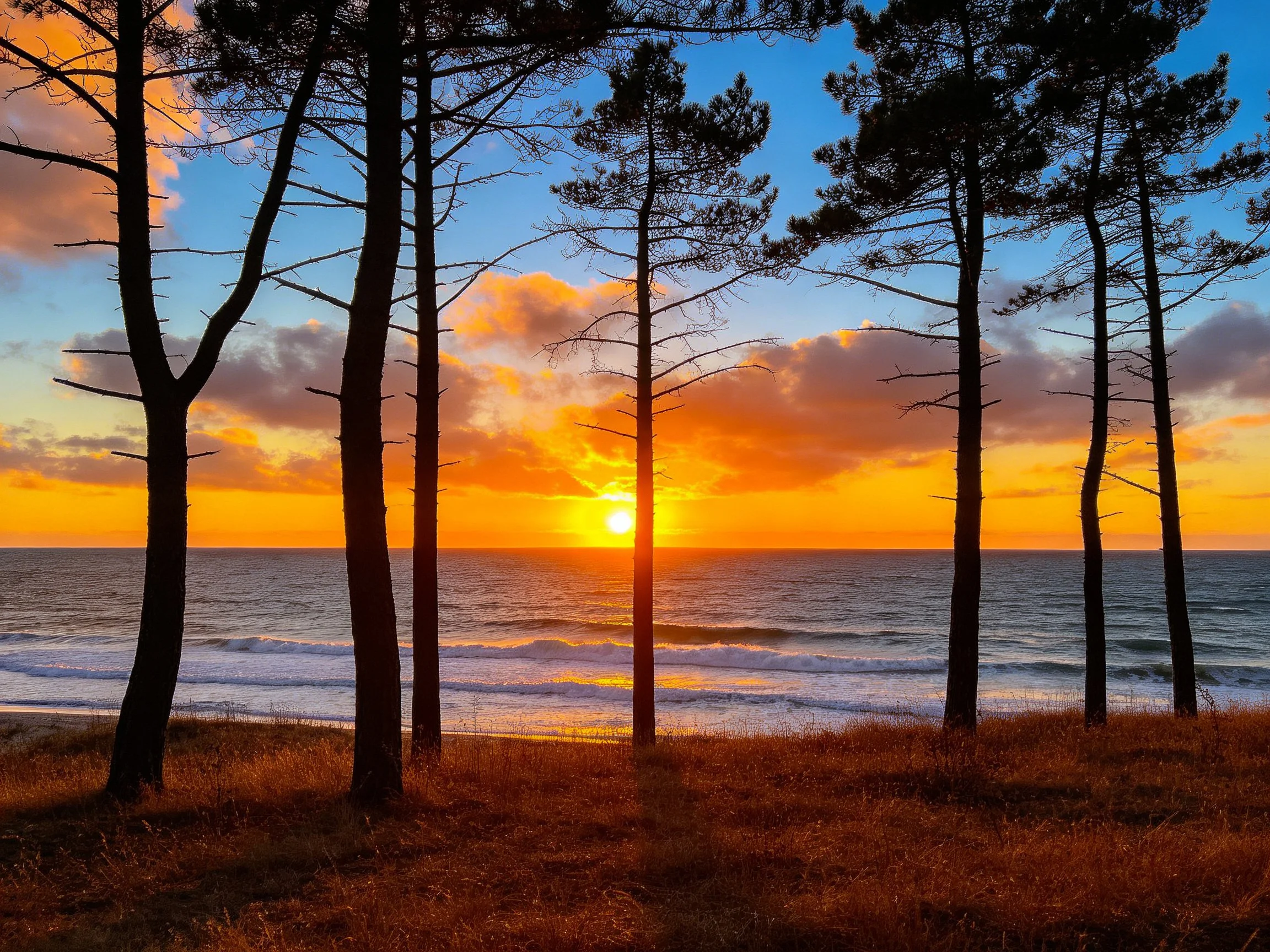 Tall pine trees silhouetted against vibrant orange sunset over calm ocean waters.