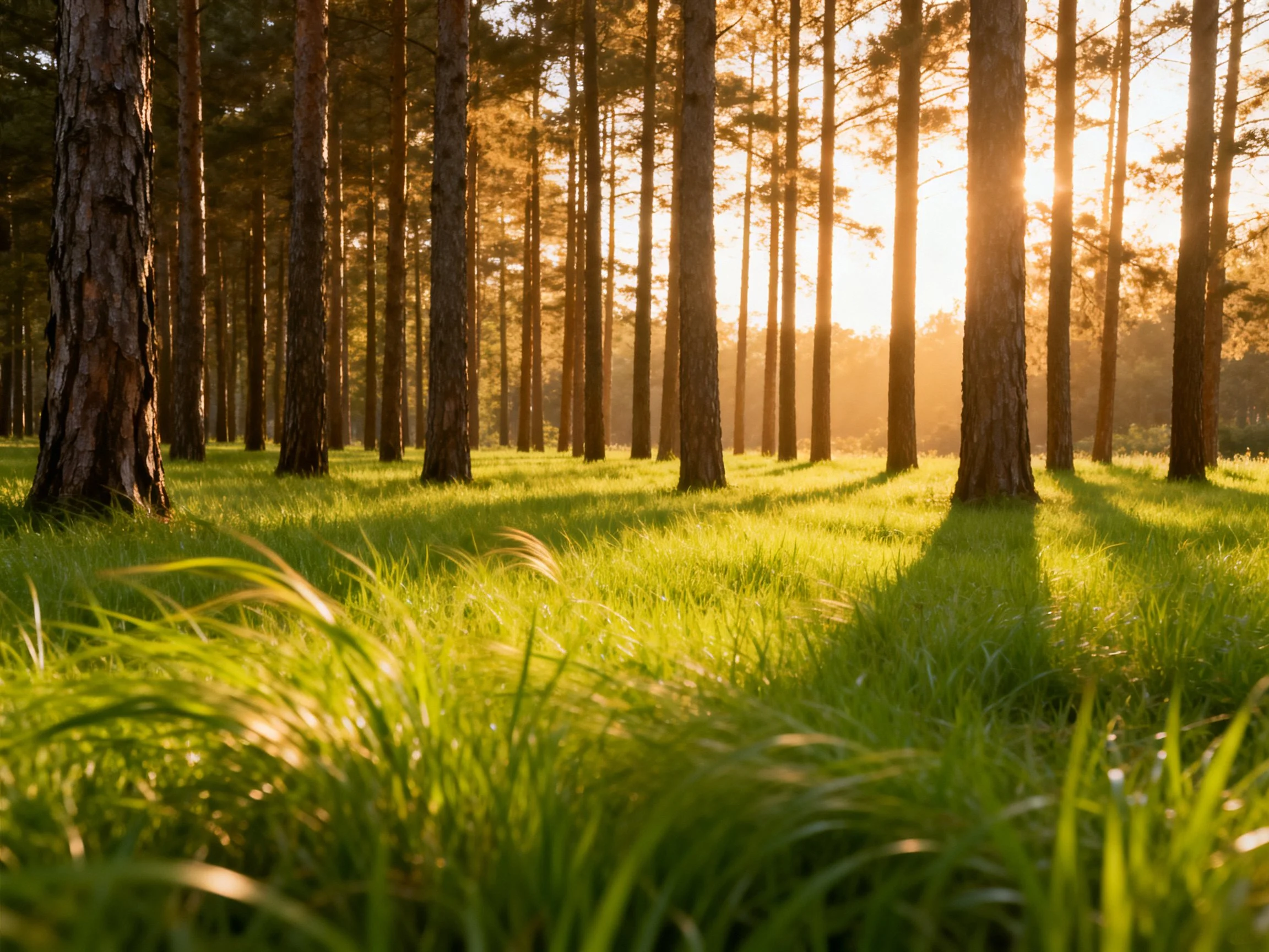 Tall pine trees stand in a sunlit forest clearing