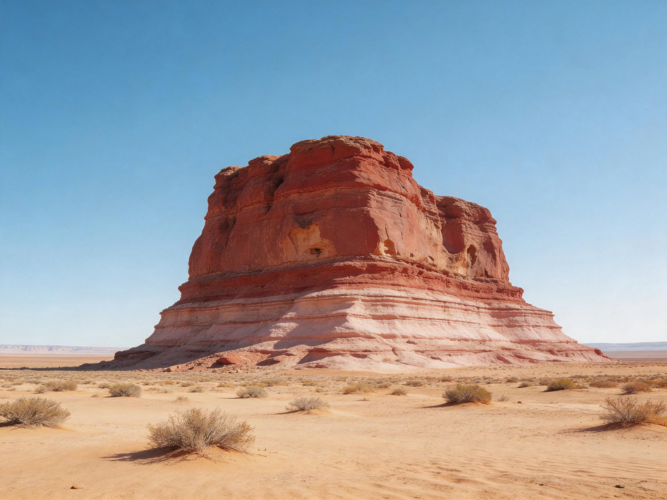Tall red sandstone structure in expansive desert landscape