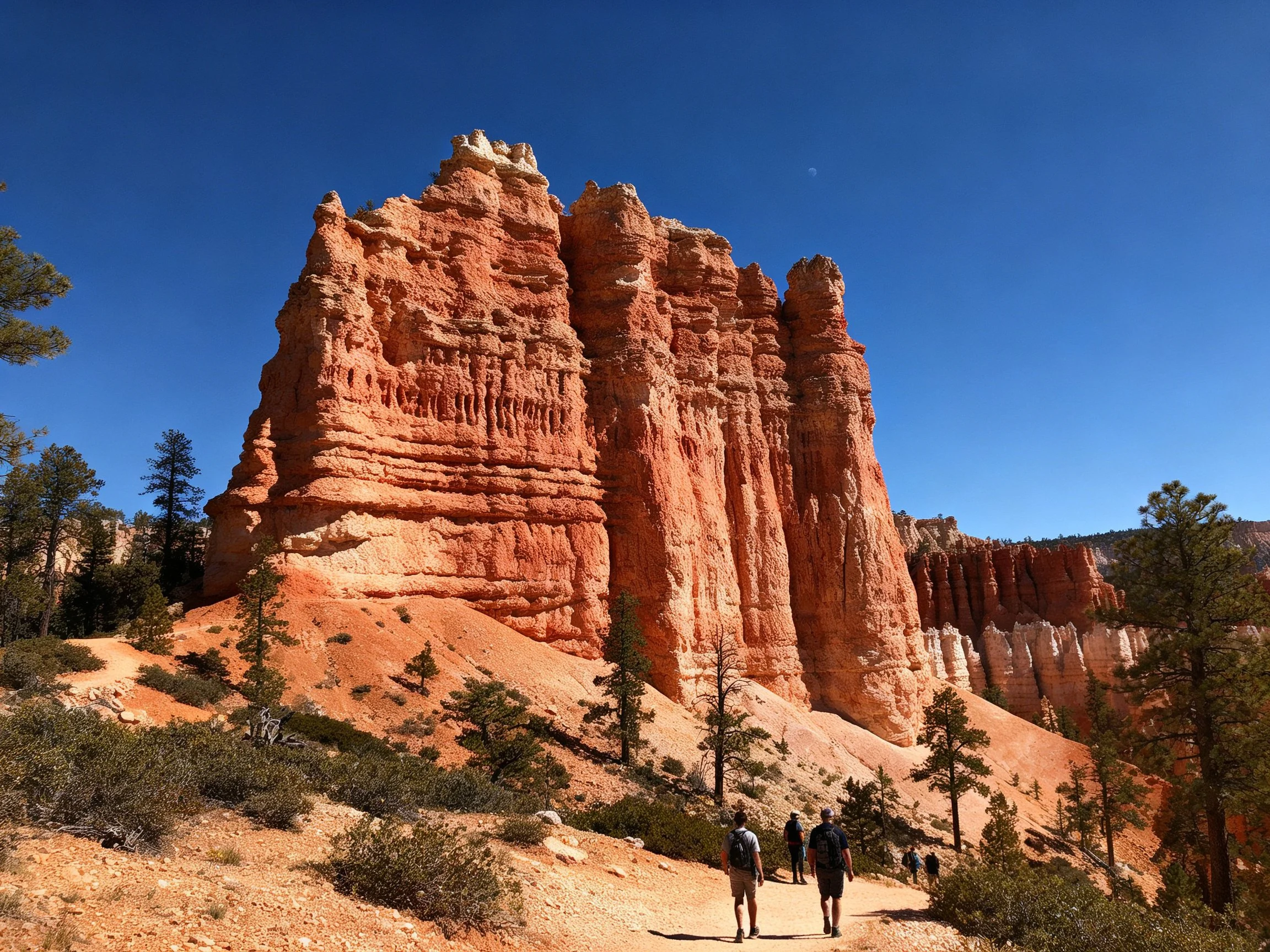 Tall reddish-orange rock formations near a hiking trail