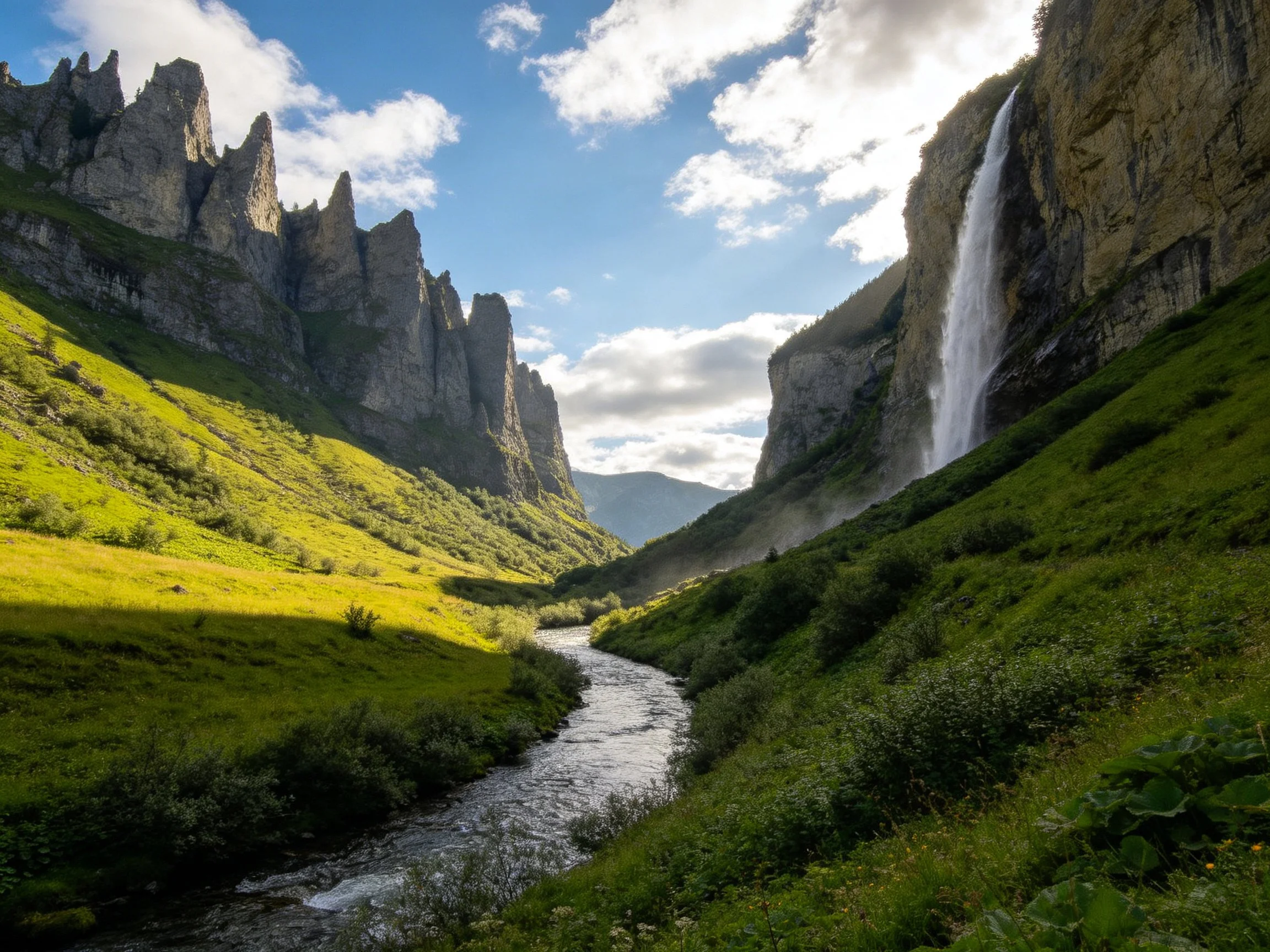 Tall rocky cliffs border a waterfall with a winding stream through verdant valleys