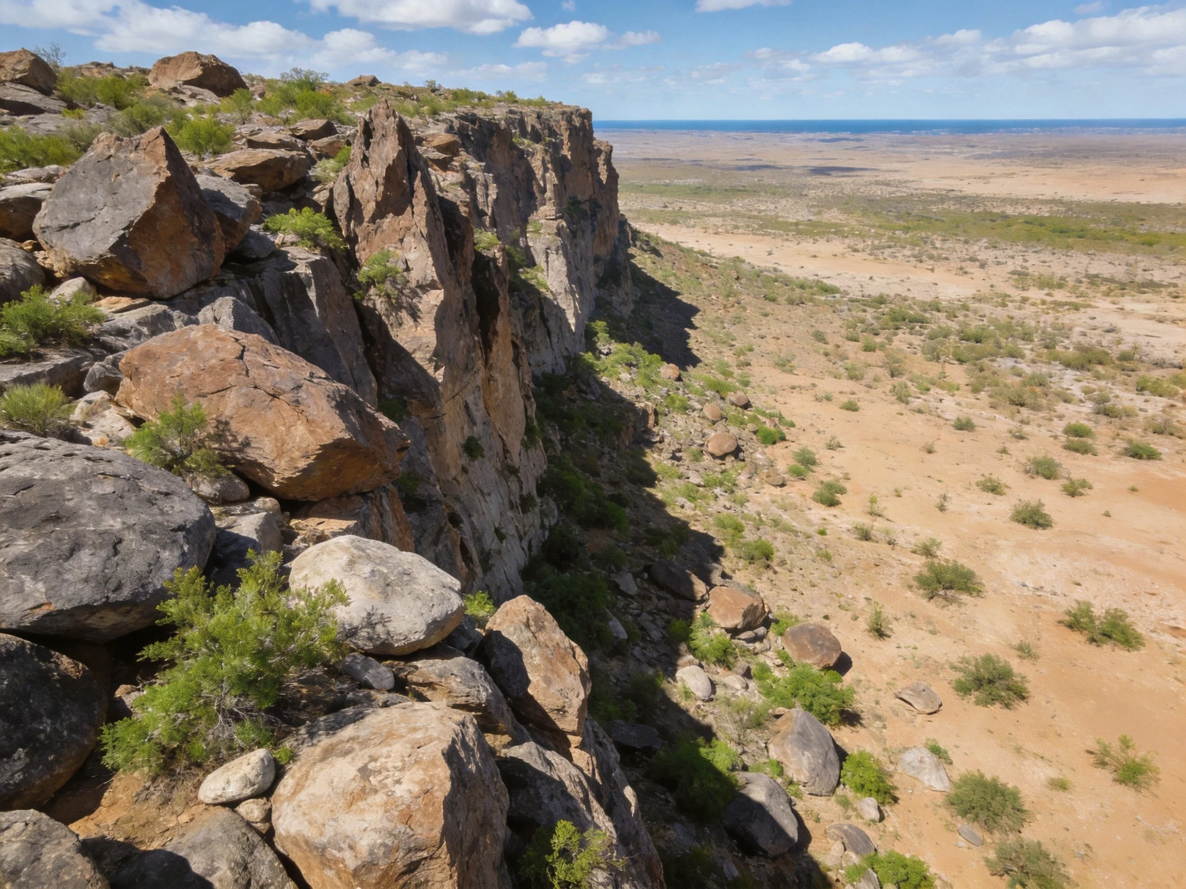 Tall rocky cliffs overlook a vast arid desert landscape
