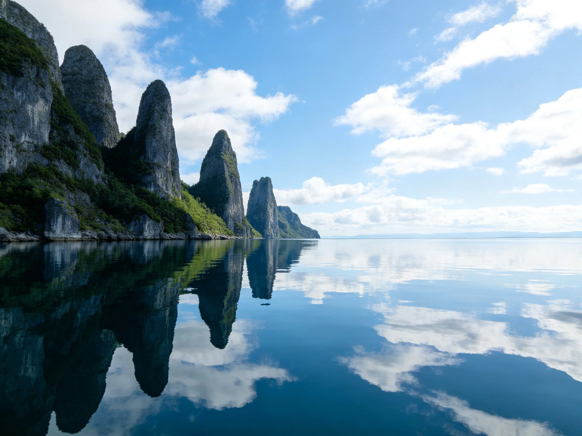 Tall rocky cliffs reflect in calm blue waters under bright sky
