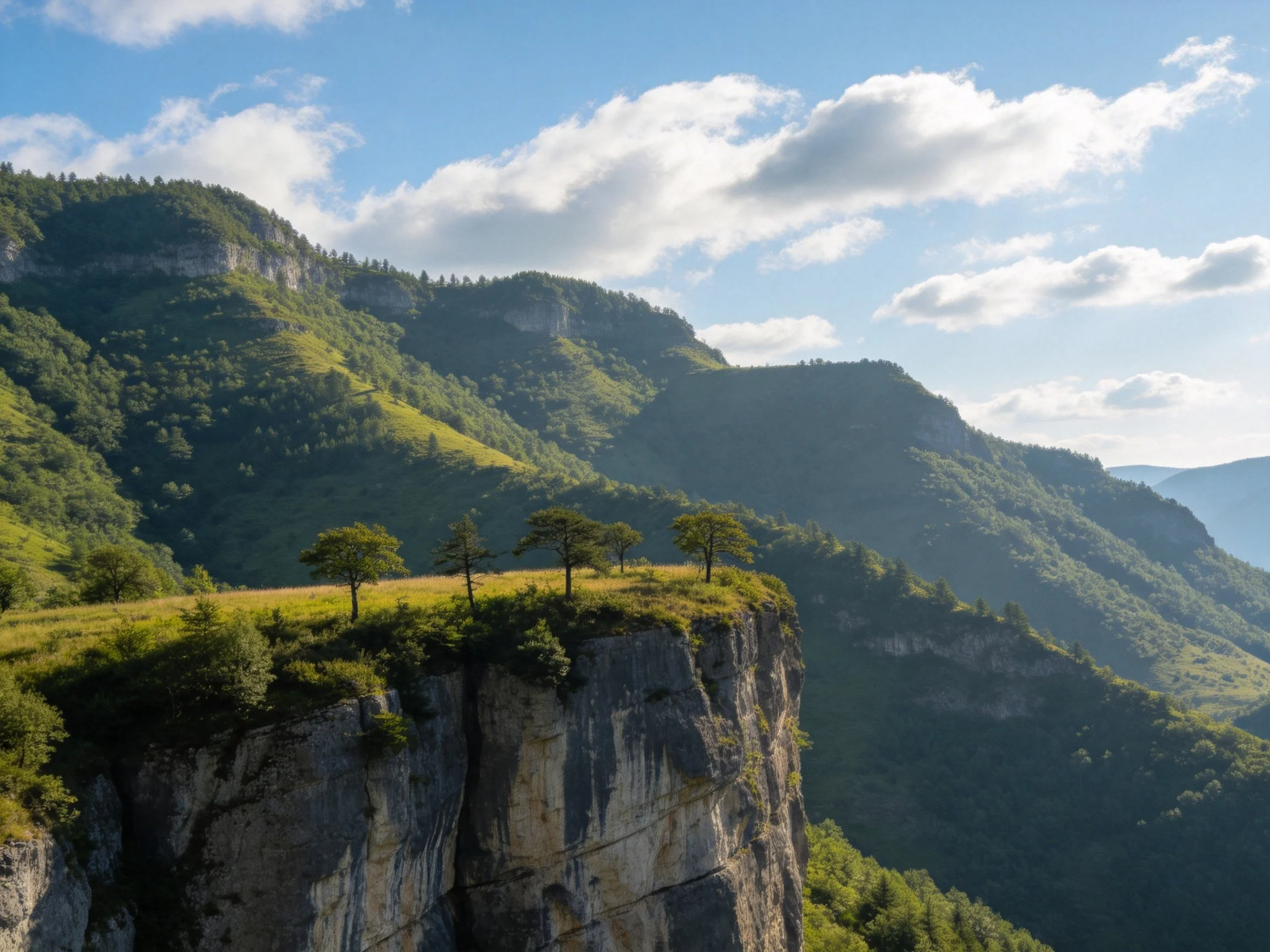 Tall rocky cliffs with lush greenery and scattered trees under bright blue skies