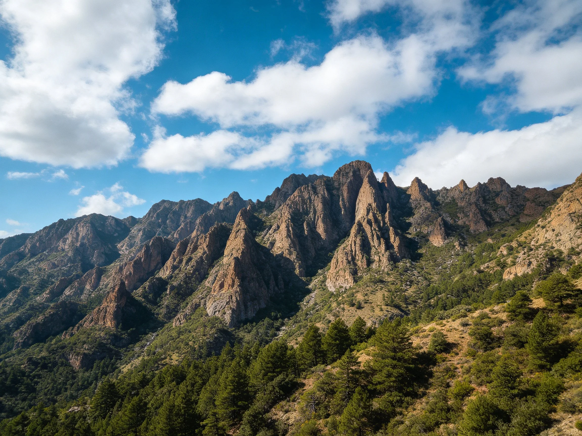 Tall rugged brown mountain peaks with green forested slopes under bright blue sky with white clouds