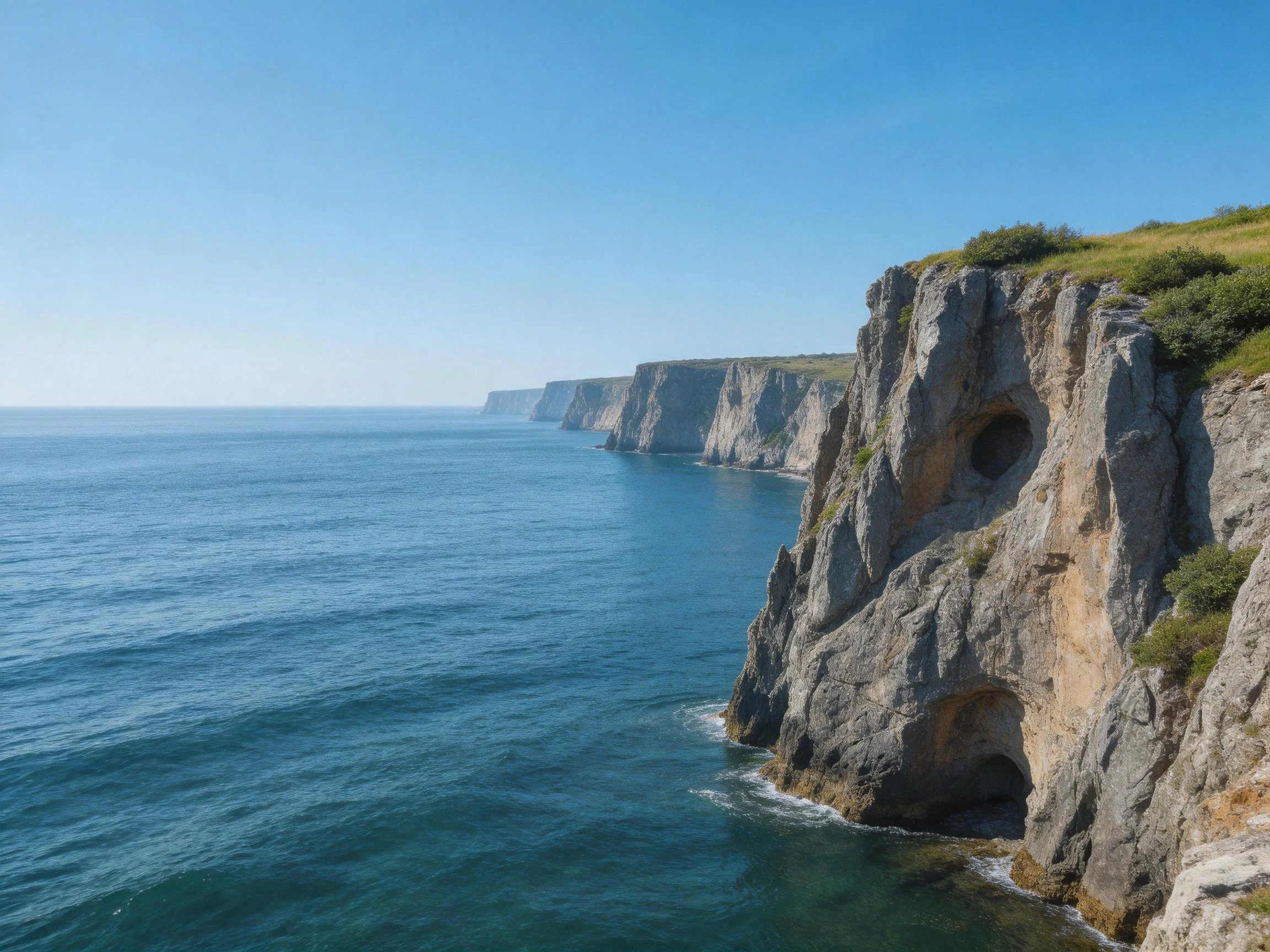 Tall rugged cliffs bordering calm blue ocean waters