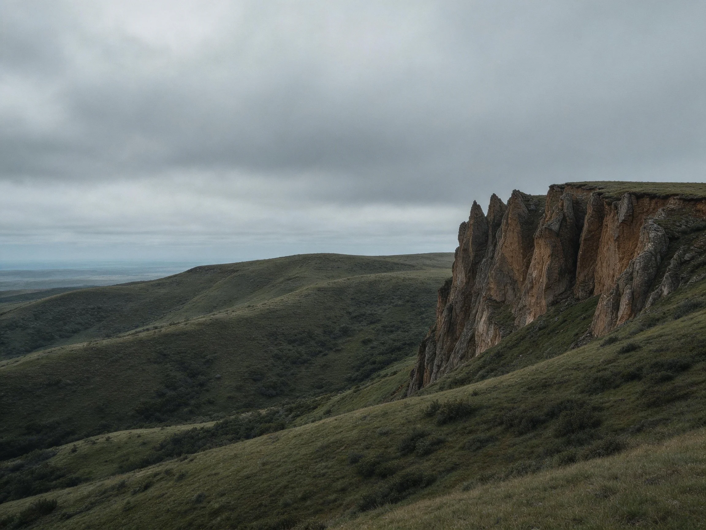Tall rugged cliffs bordering rolling green hills beneath a cloudy sky