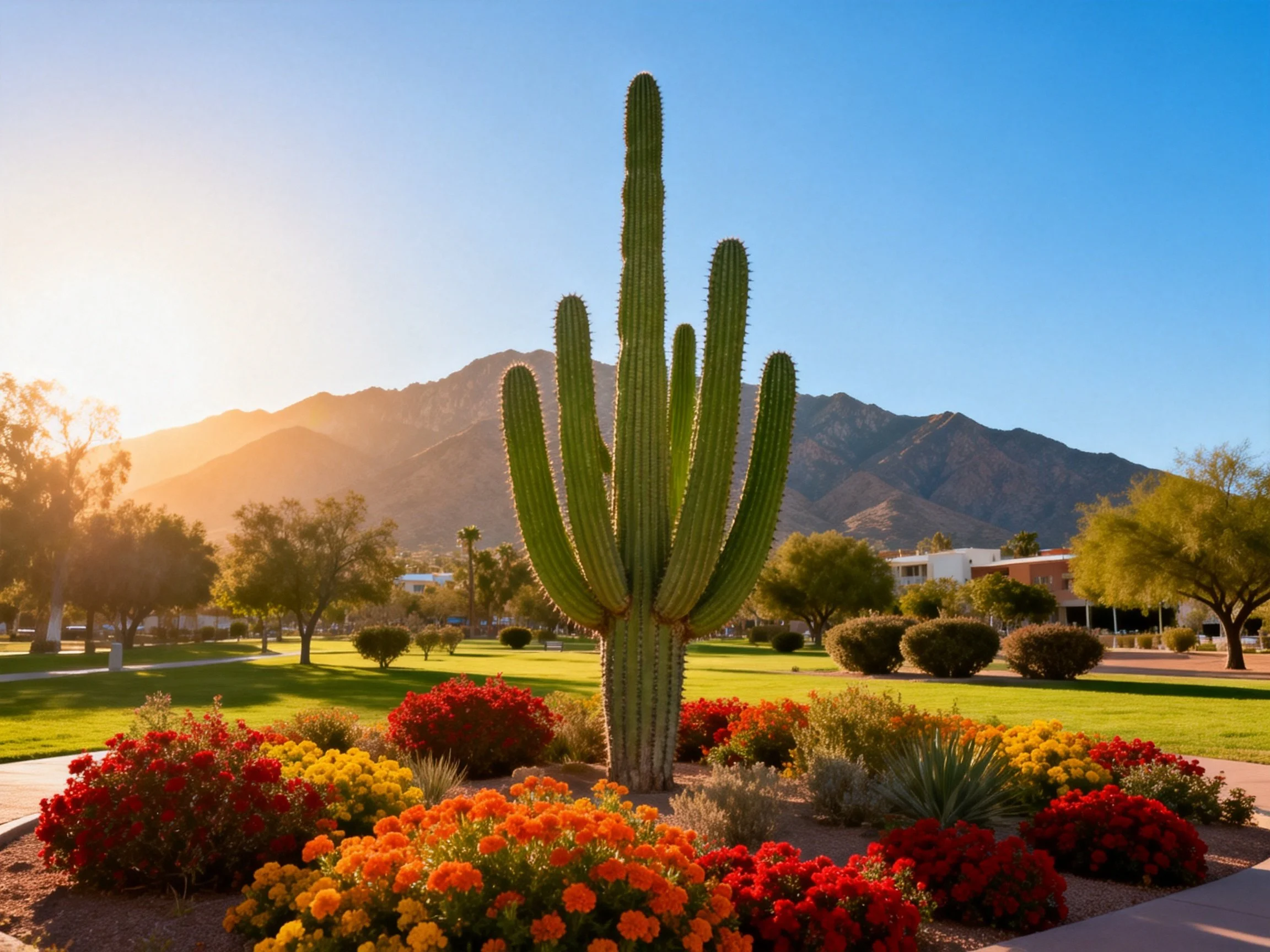 Tall saguaro cactus among vibrant flower beds with mountain backdrop