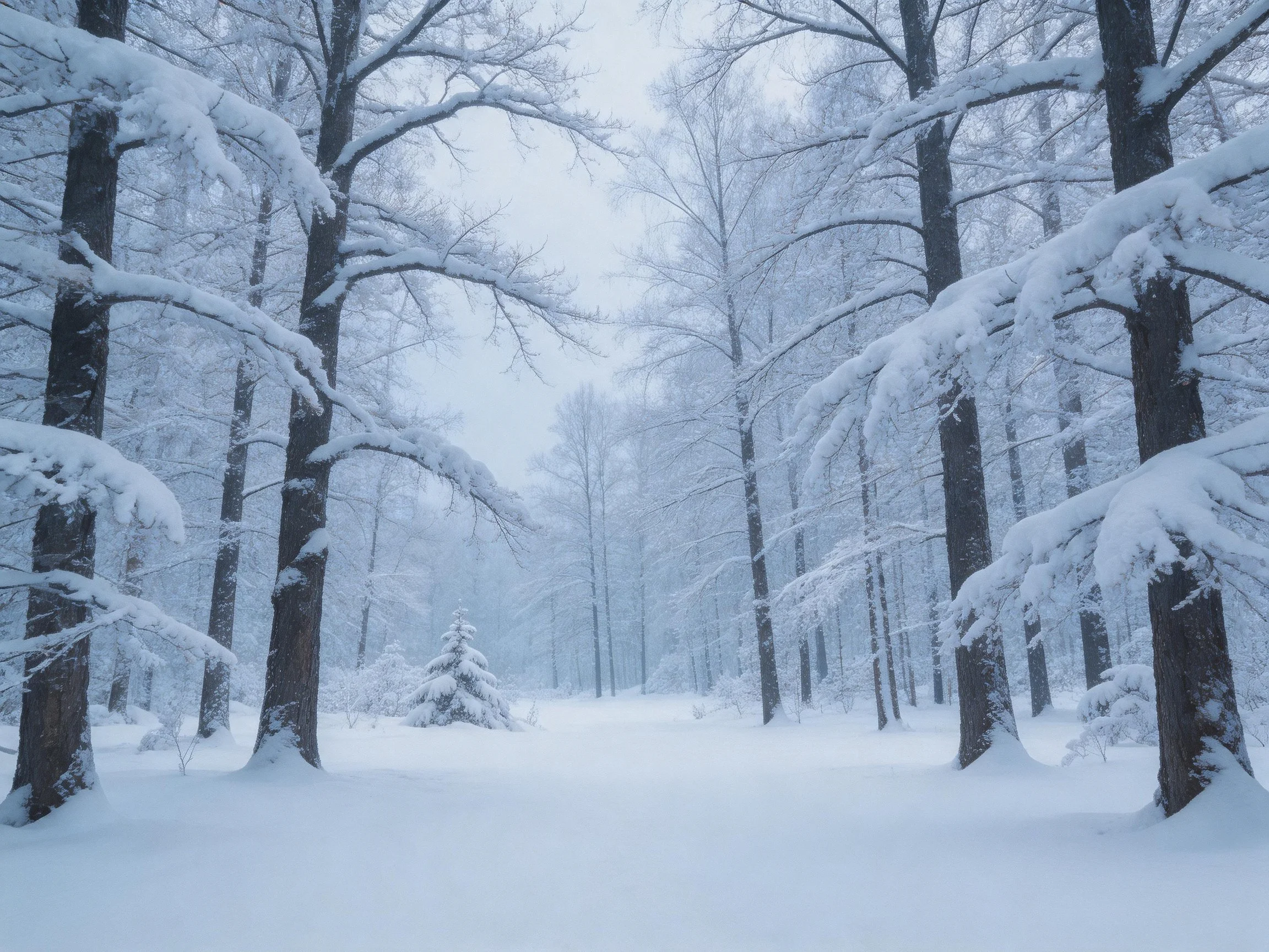 Tall snow-covered trees fill a peaceful winter forest scene