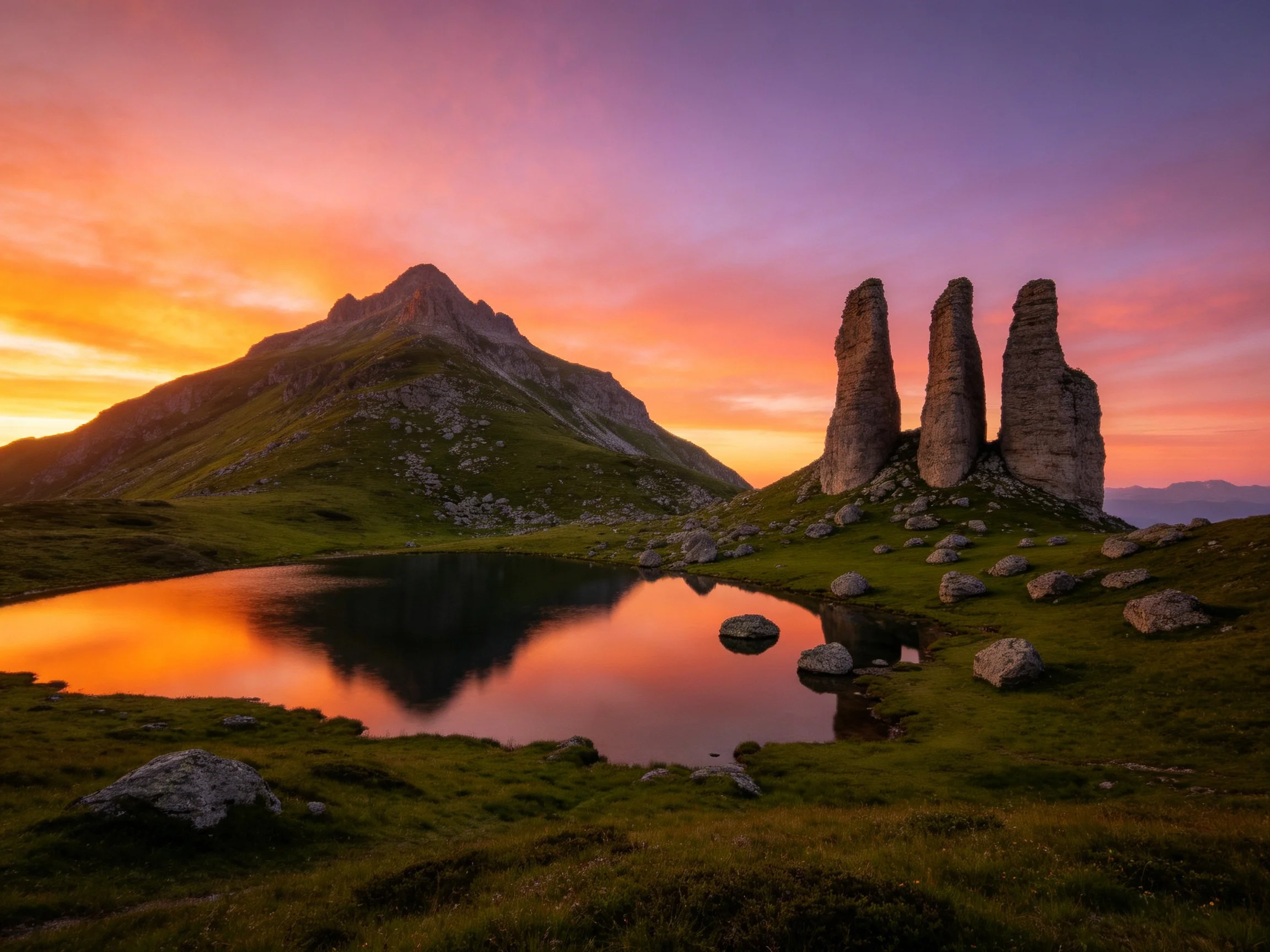 Tall stone formations beside a reflective lake during vibrant sunset