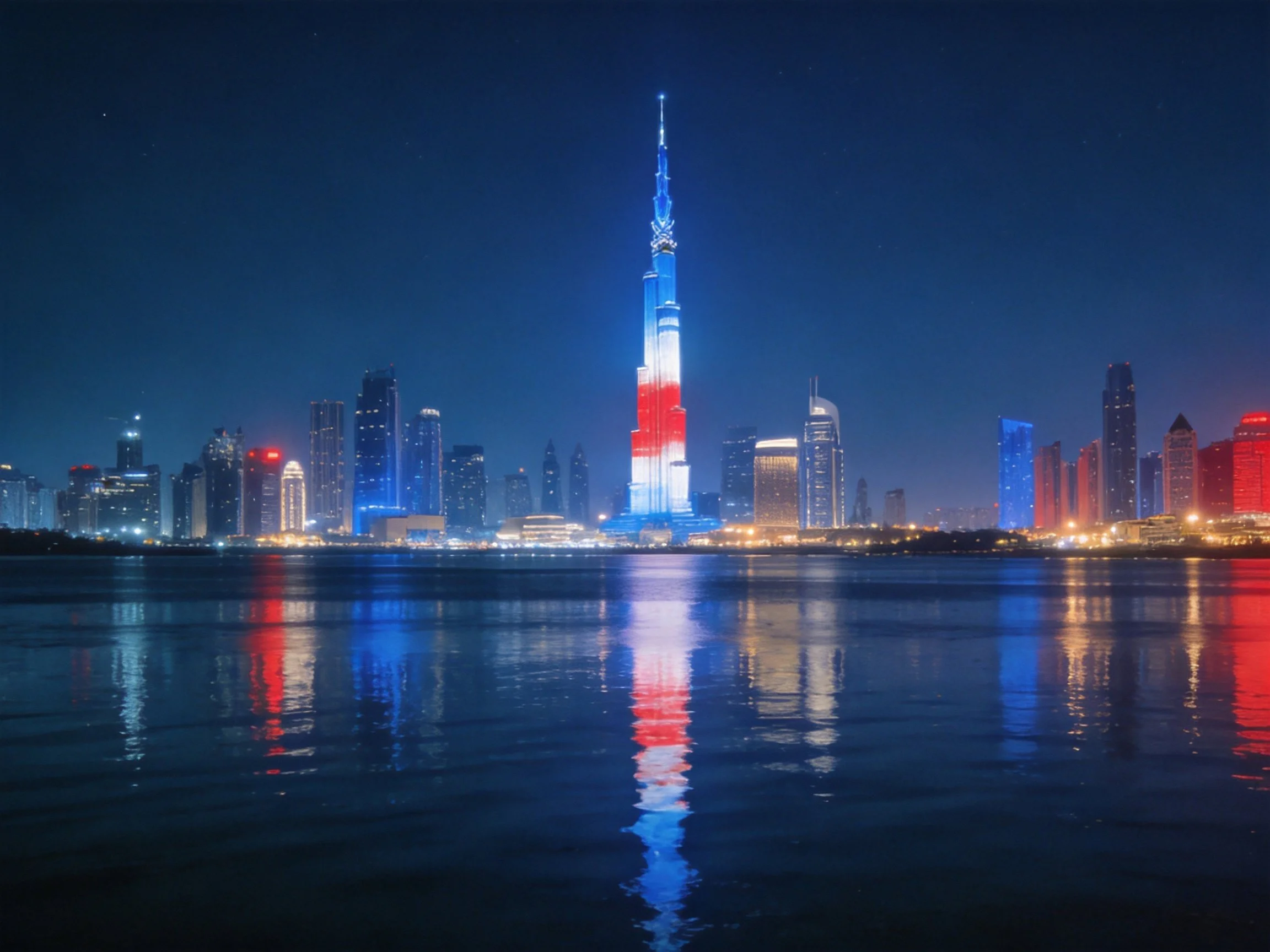 Tall tower lit in blue, white, red overlooks waterfront city skyline