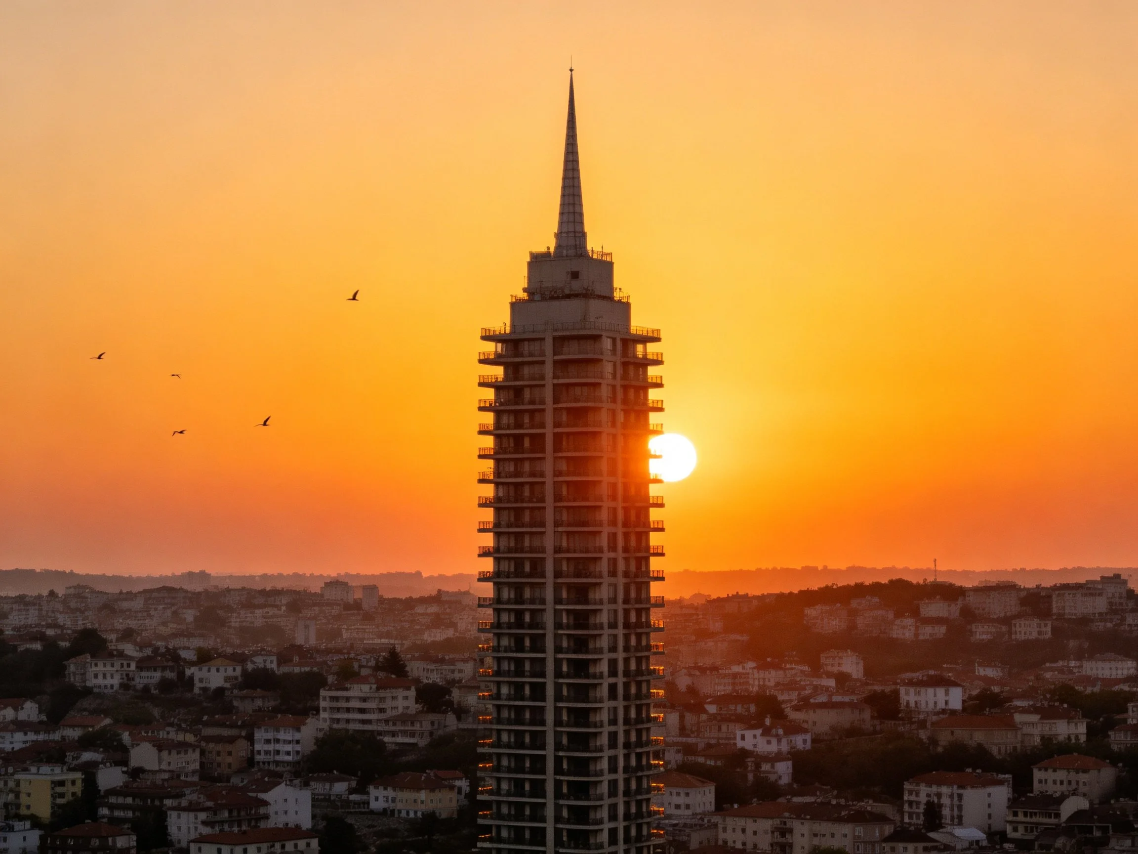 Tall tower with pointed spire overlooks city at golden sunset