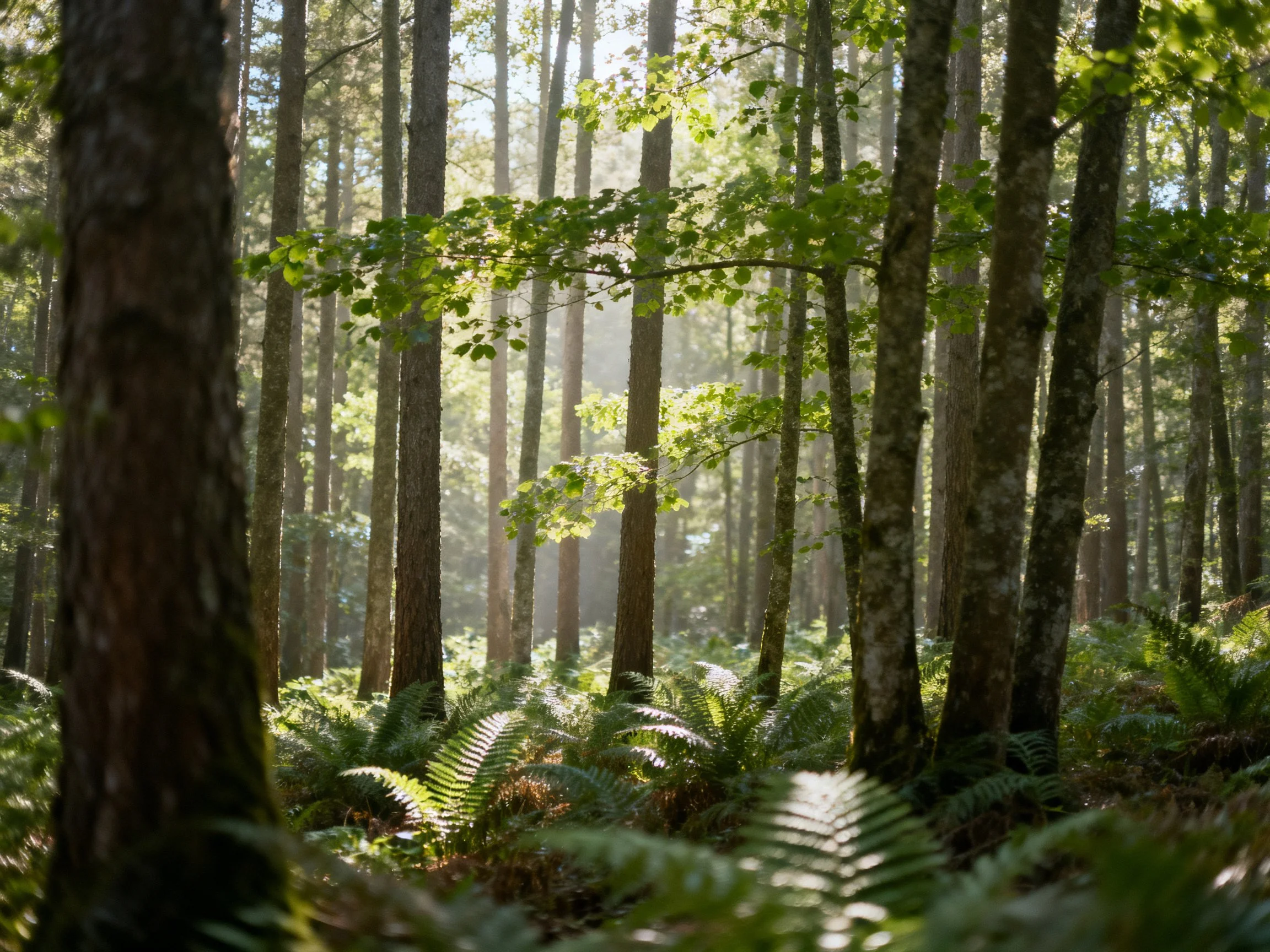 Tall trees and lush ferns in a sun-dappled forest clearing