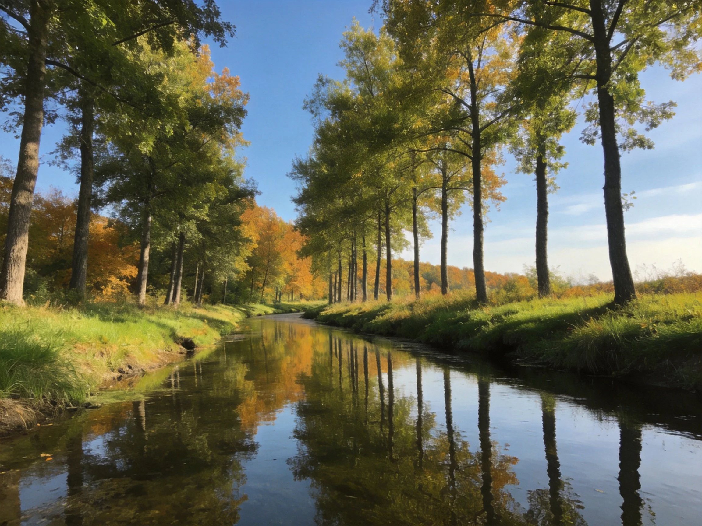 Tall trees border a calm river reflecting autumn foliage.