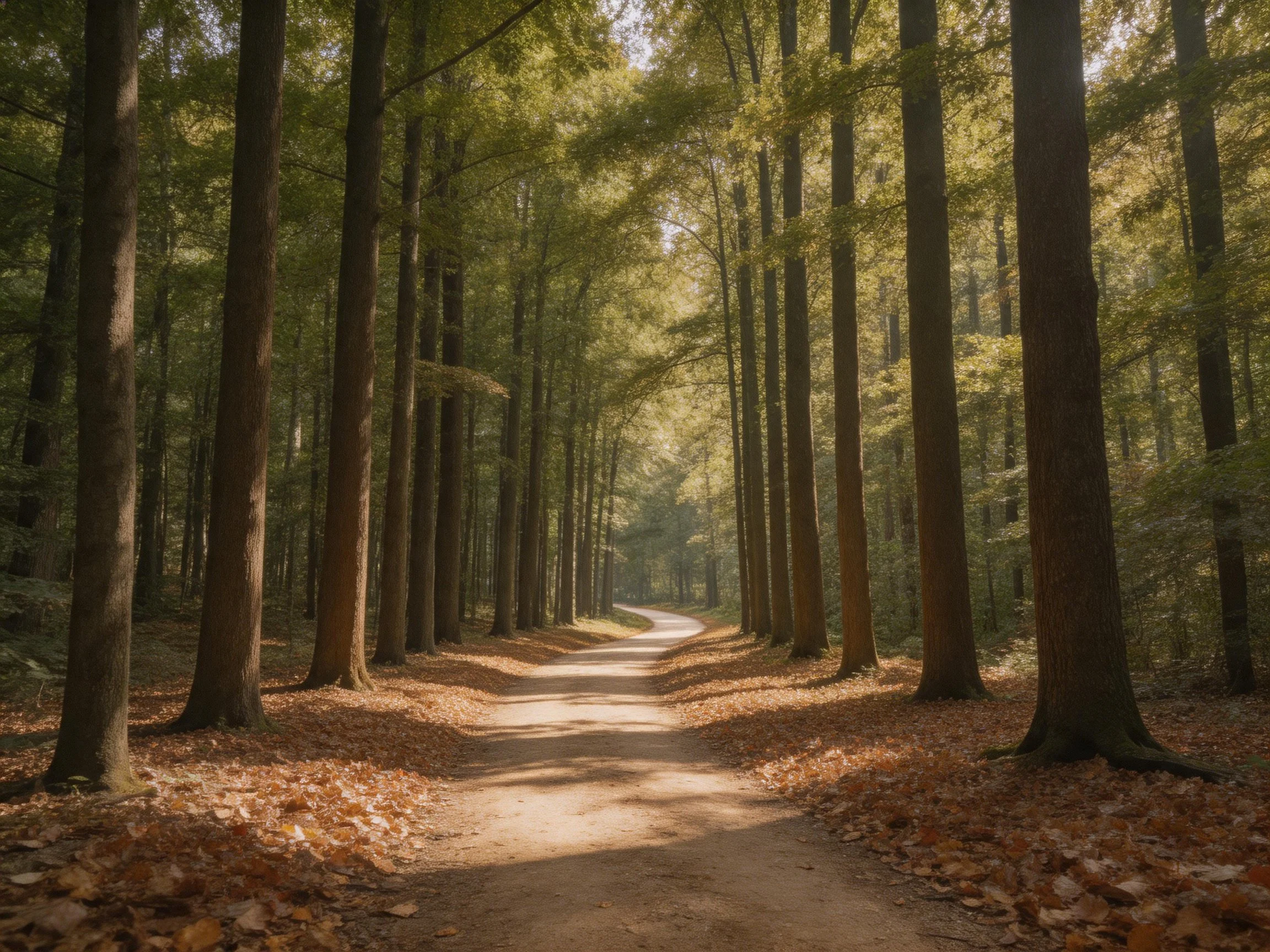 Tall trees border a sunlit forest path with golden fallen leaves