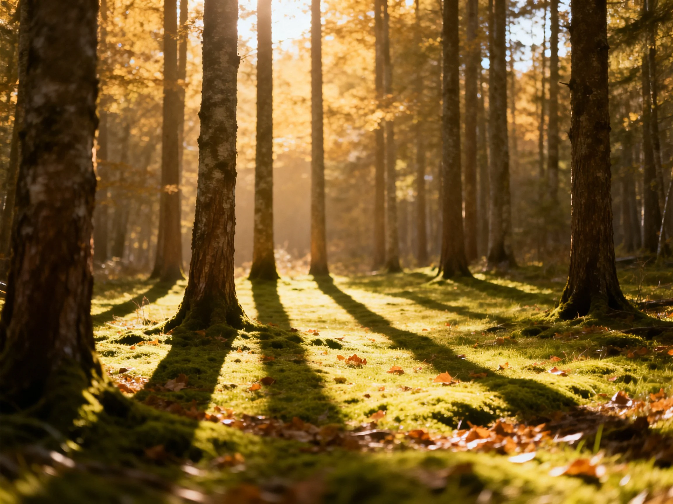 Tall trees cast long shadows in a golden mossy forest