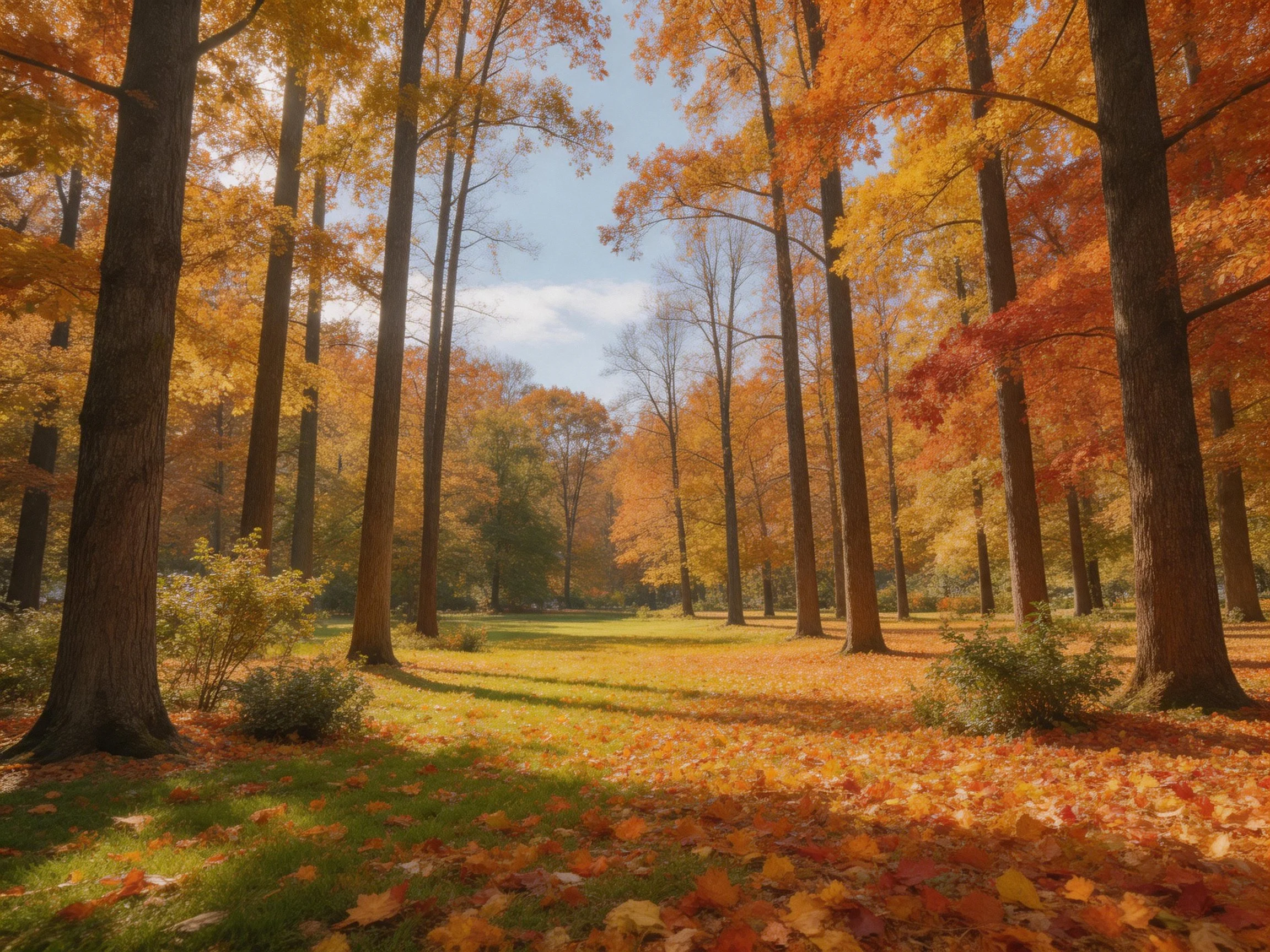 Tall trees display autumns vivid colors with golden fallen leaves
