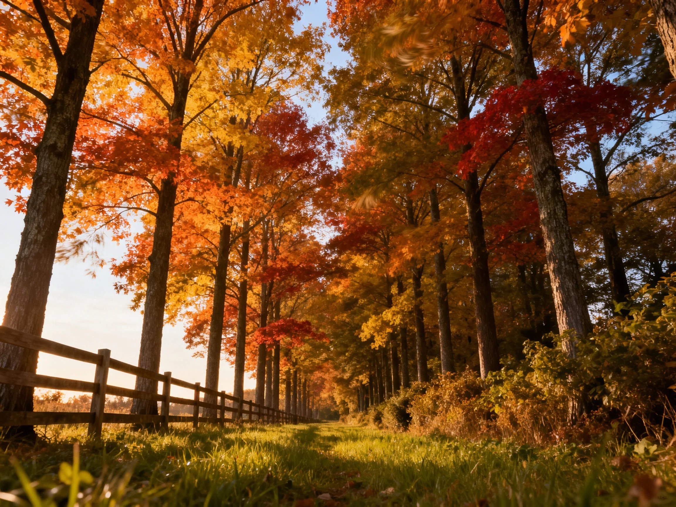 Tall trees display vibrant fall foliage along a fenced forest path