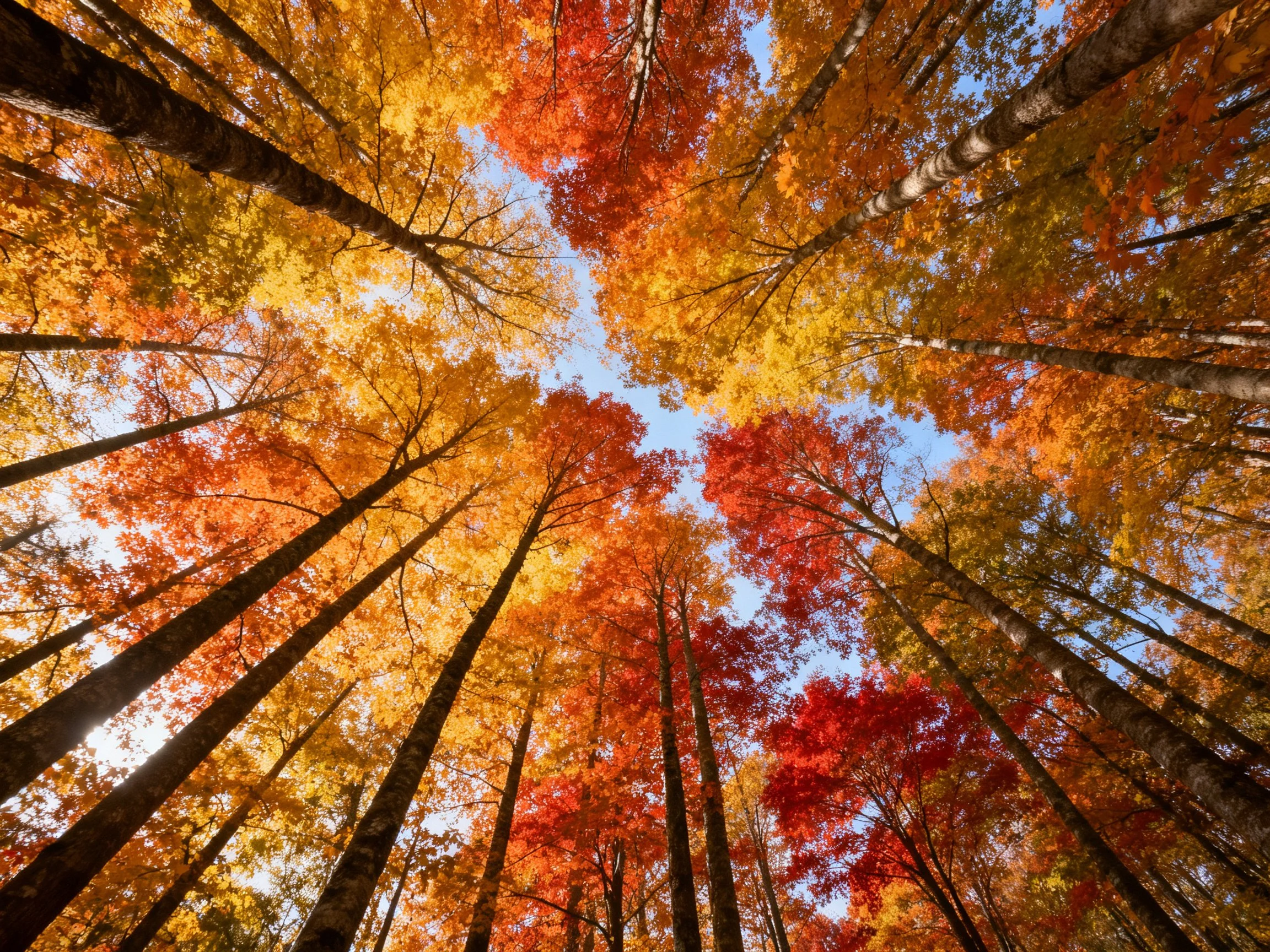 Tall trees display vivid autumn hues under bright sky
