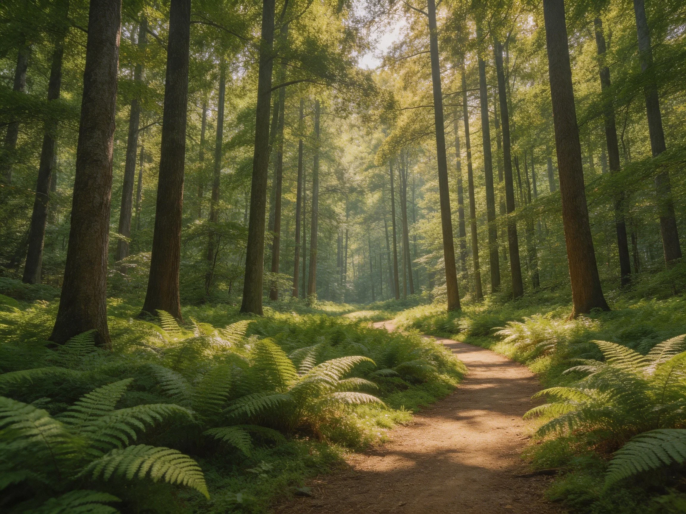 Tall trees encircle a sunlit forest path with dense ferns
