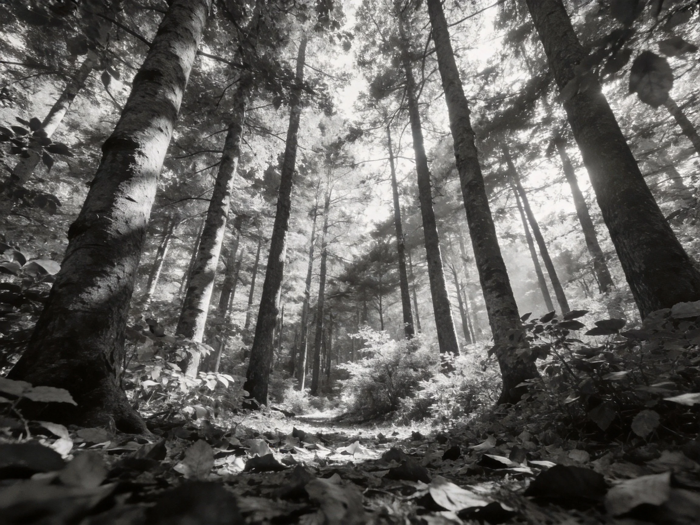 Tall trees fill a sun-dappled forest path