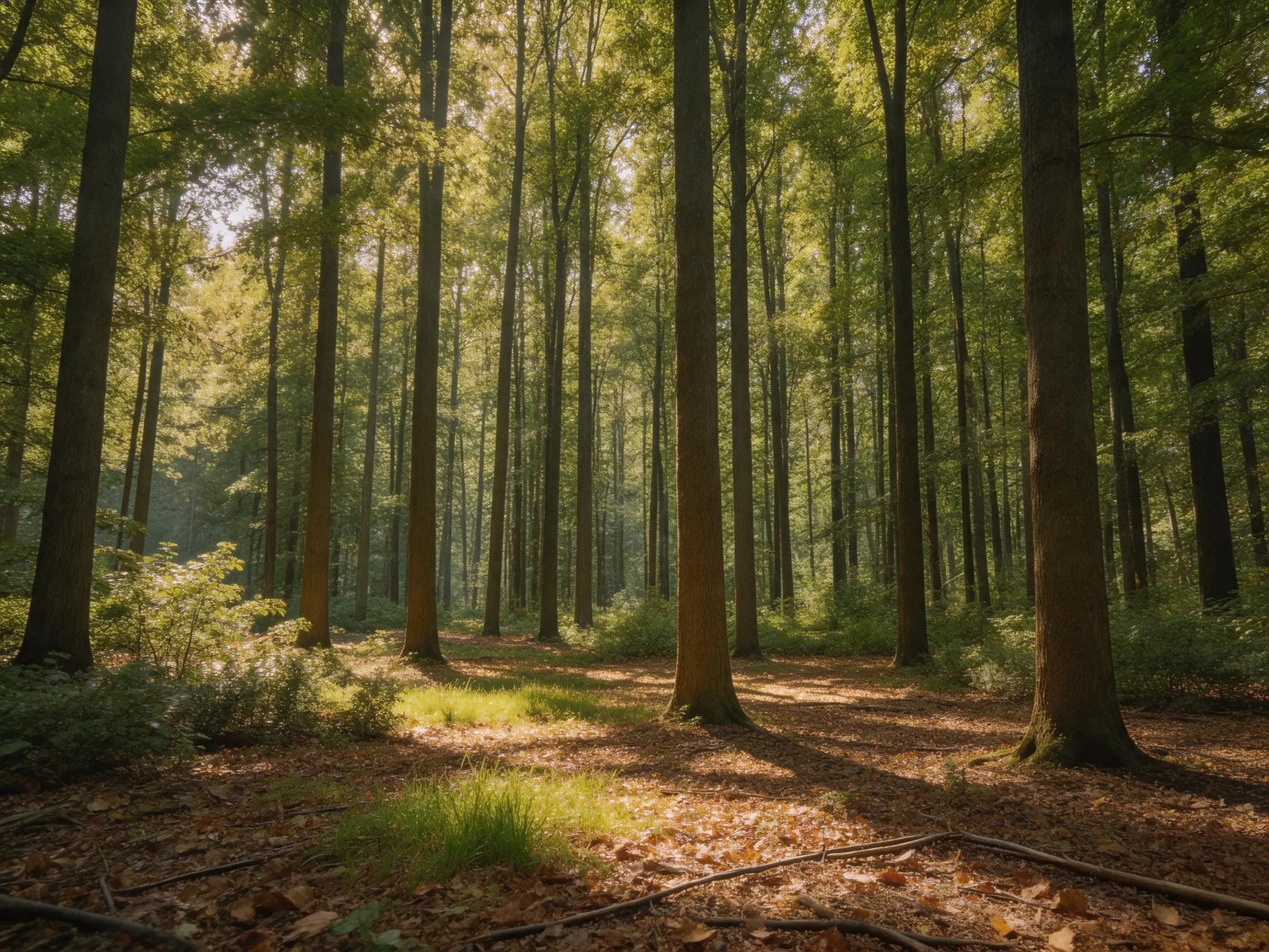 Tall trees fill a sun-dappled forest with green foliage and fallen leaves.
