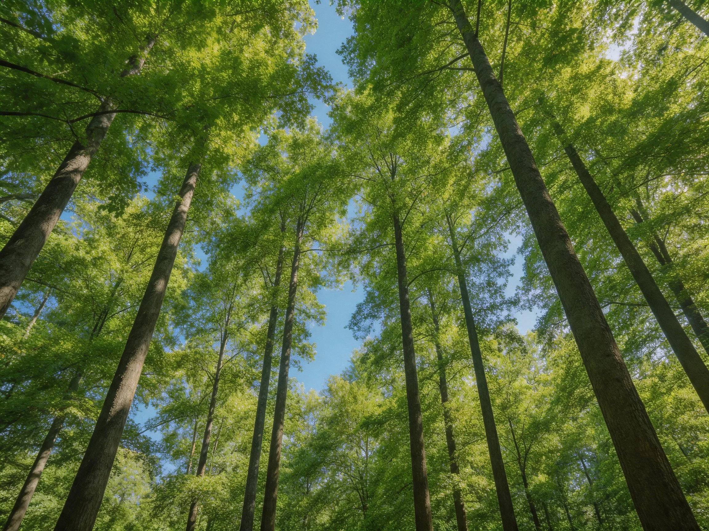 Tall trees form dense green canopy with blue sky peeking through