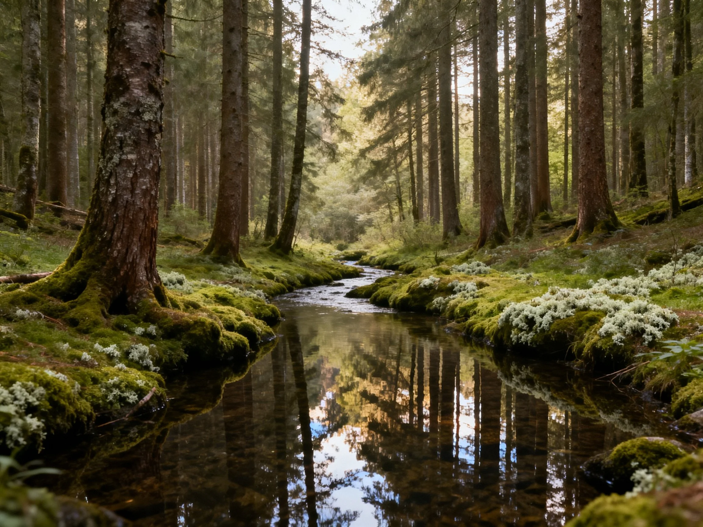 Tall trees frame a mossy forest stream with reflective waters