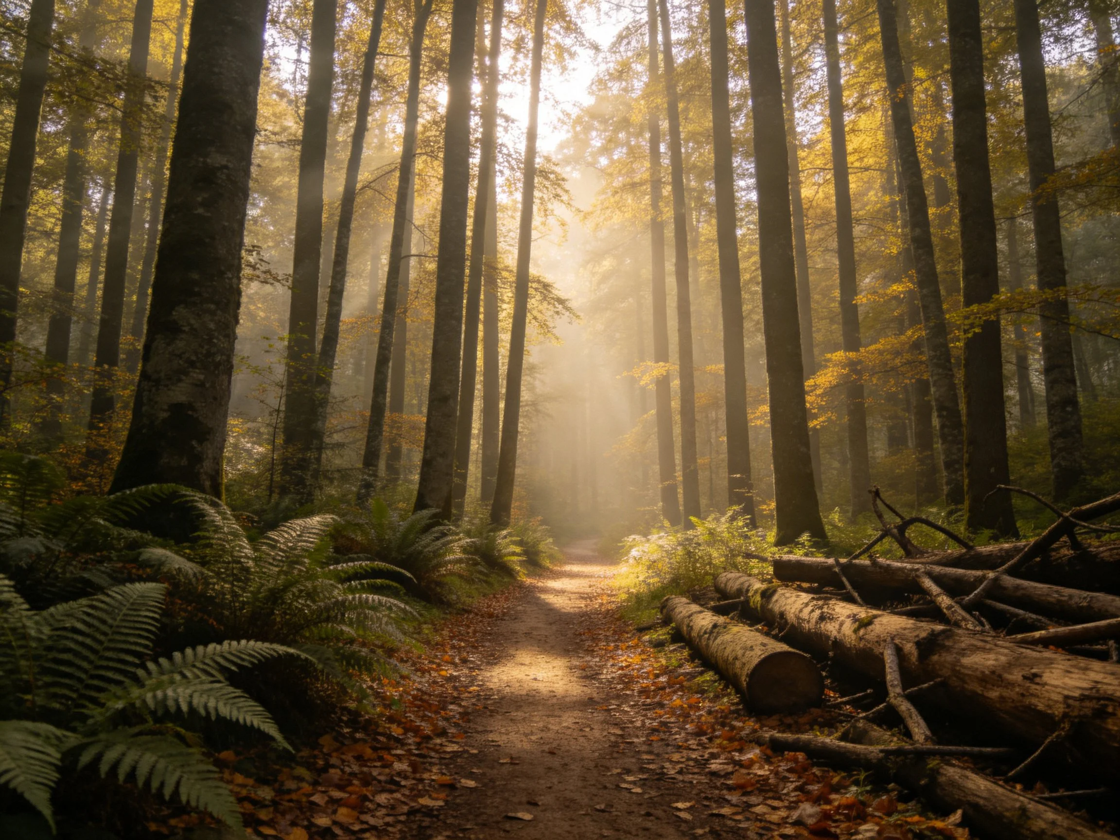Tall trees frame a sunlit forest path with fallen logs