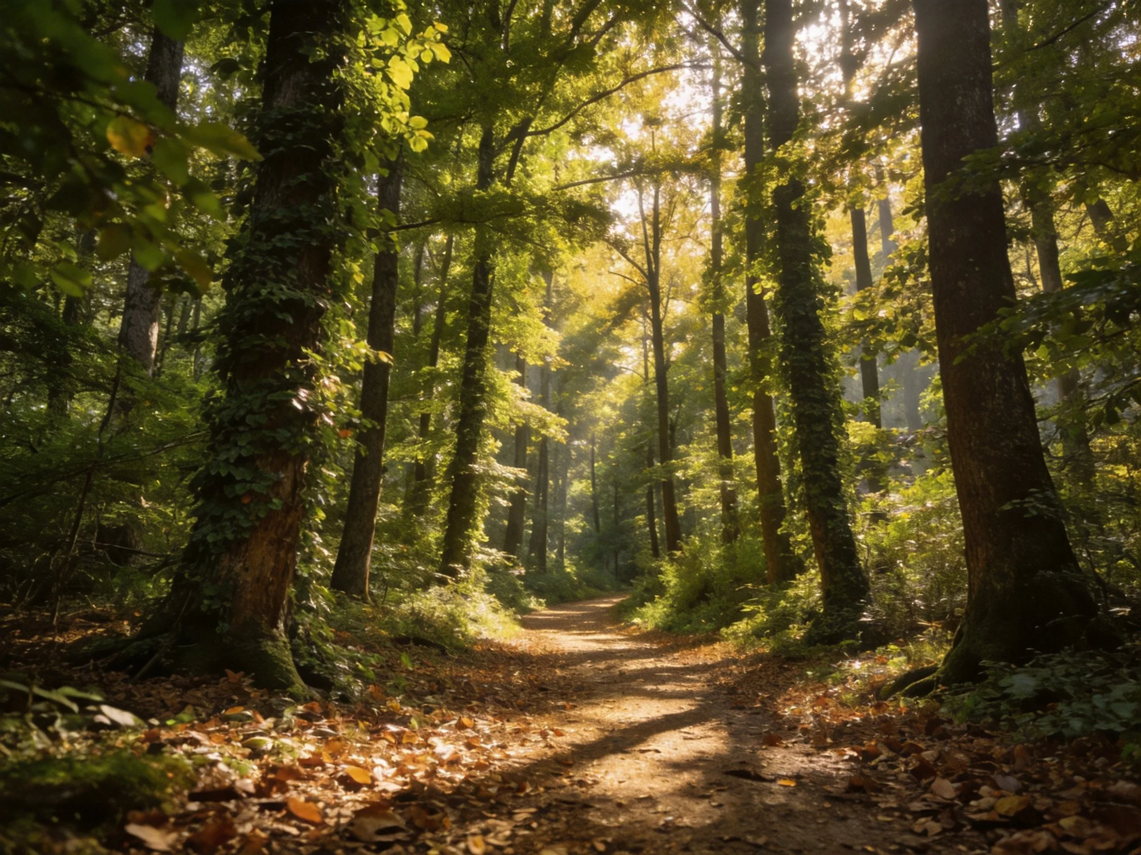 Tall trees frame a sunlit forest path with golden leaves
