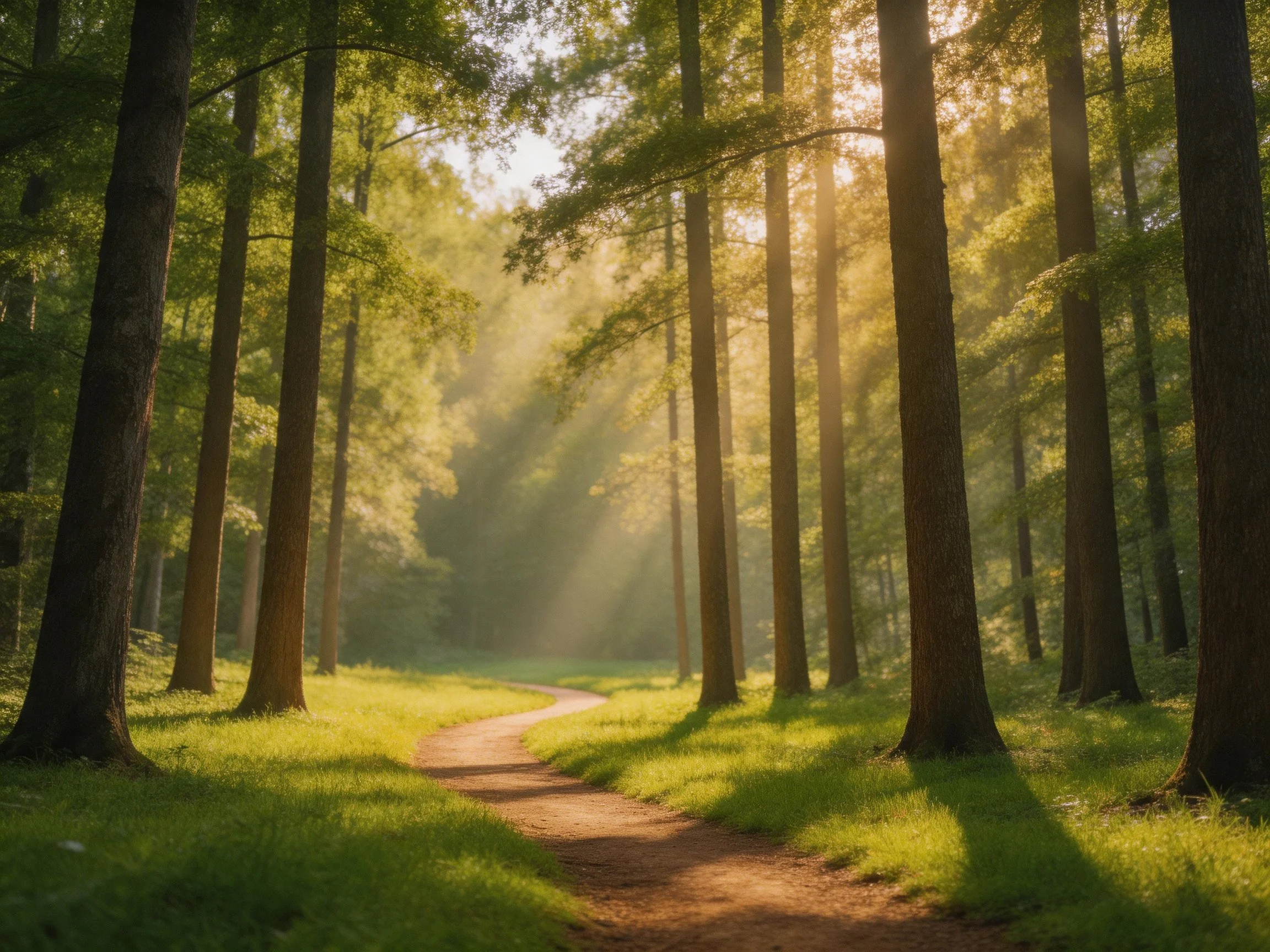 Tall trees frame a sunlit forest path with lush green meadows.