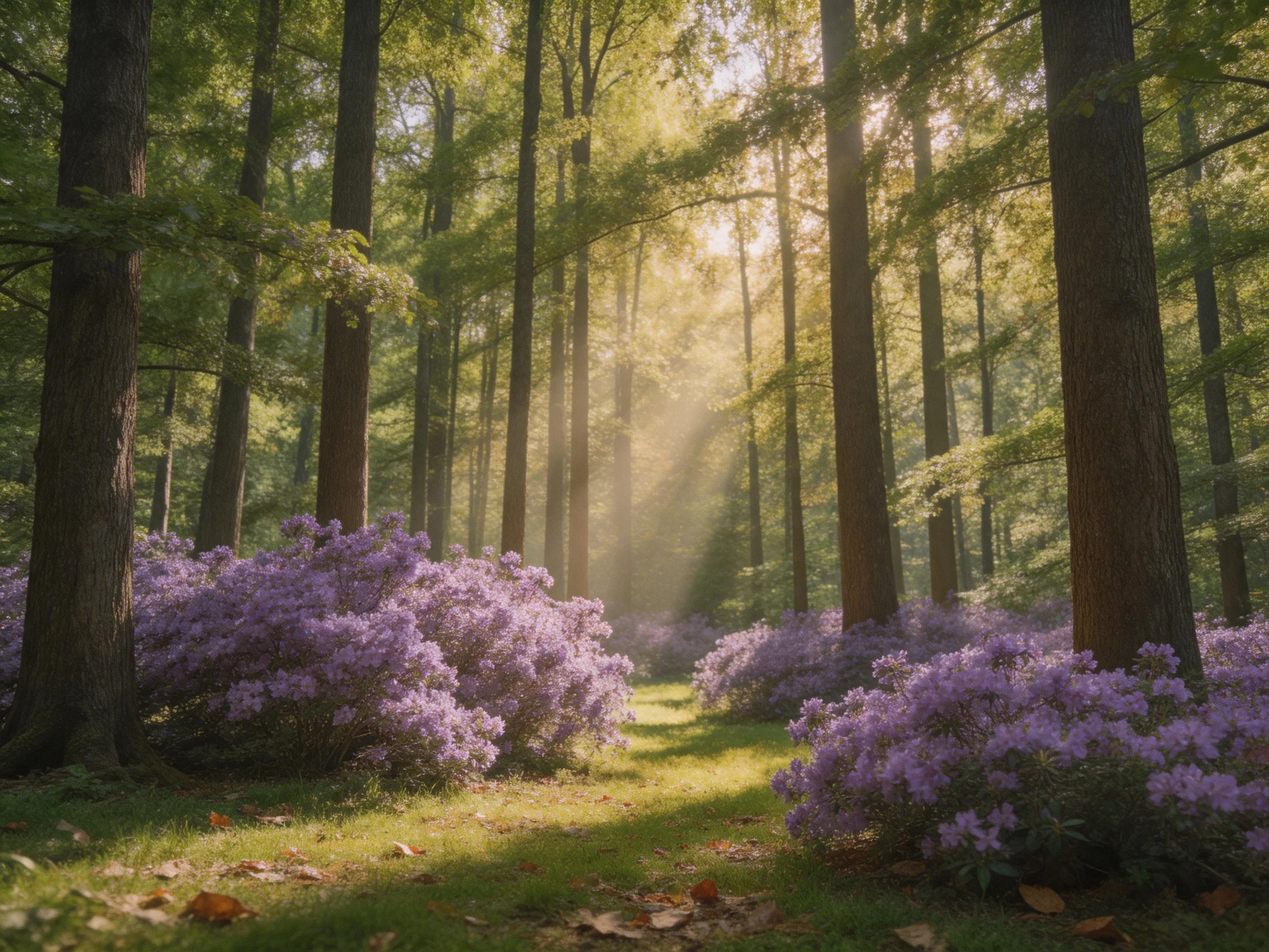 Tall trees frame a sunlit forest path with purple flowering bushes