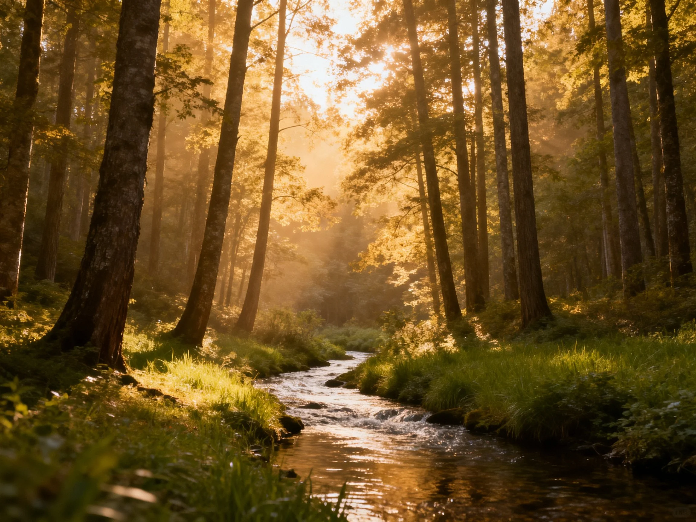 Tall trees frame a sunlit forest stream with golden light