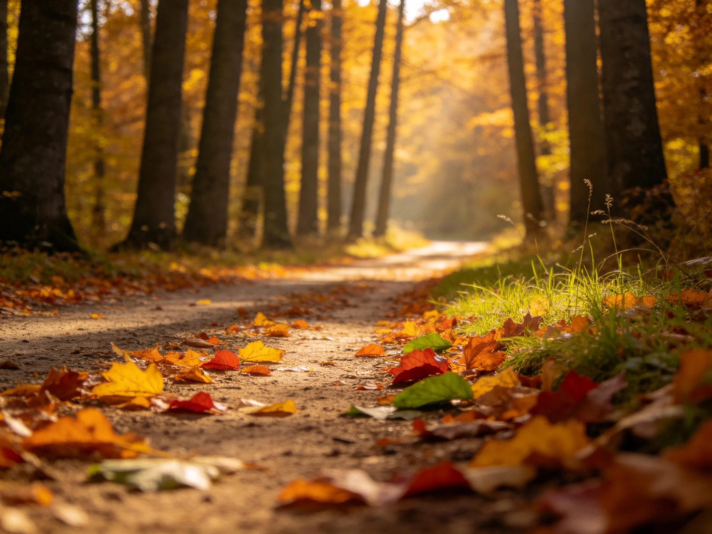 Tall trees frame a sunlit path blanketed with autumn leaves.
