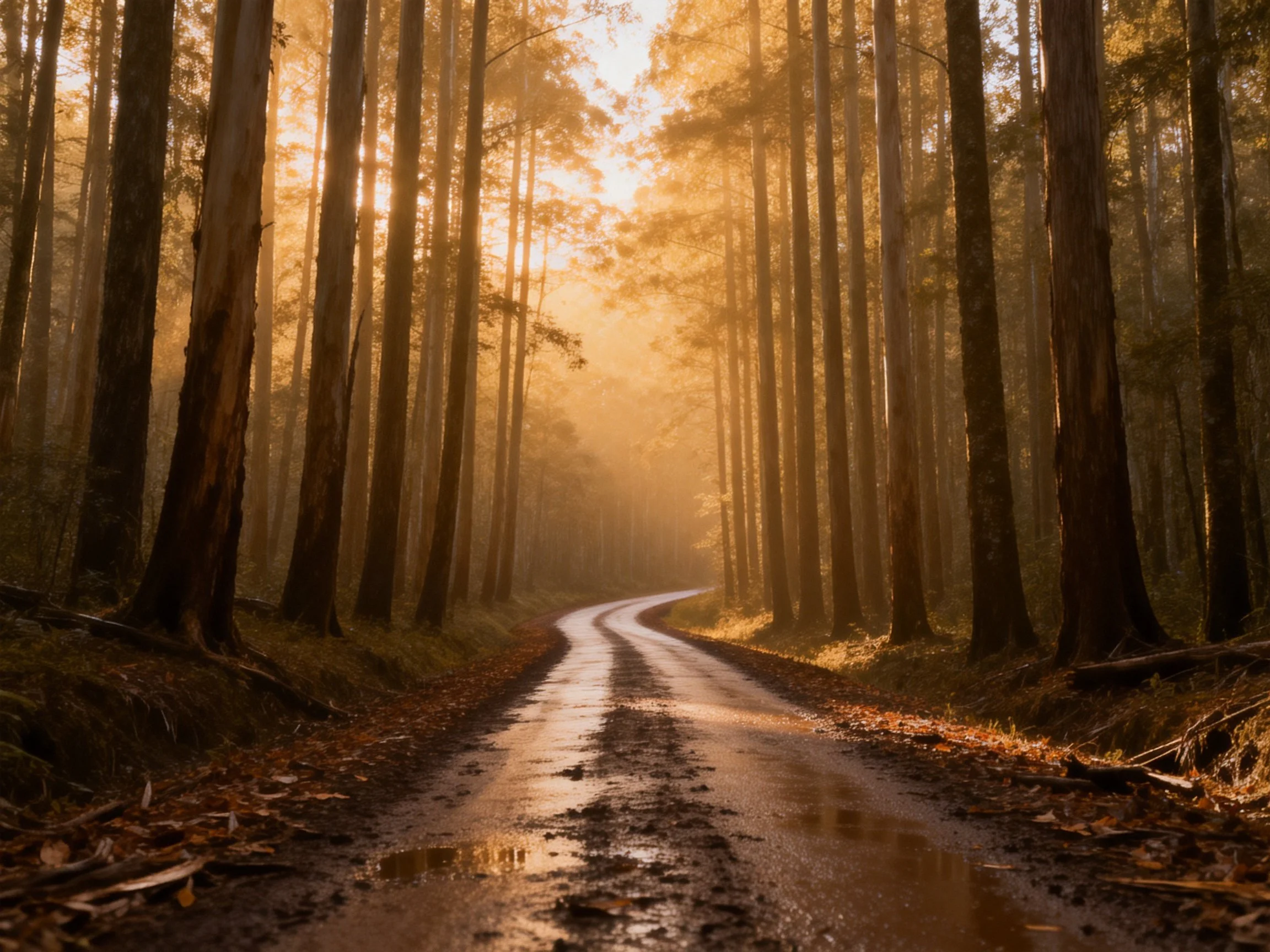 Tall trees frame a winding wet path in golden forest light