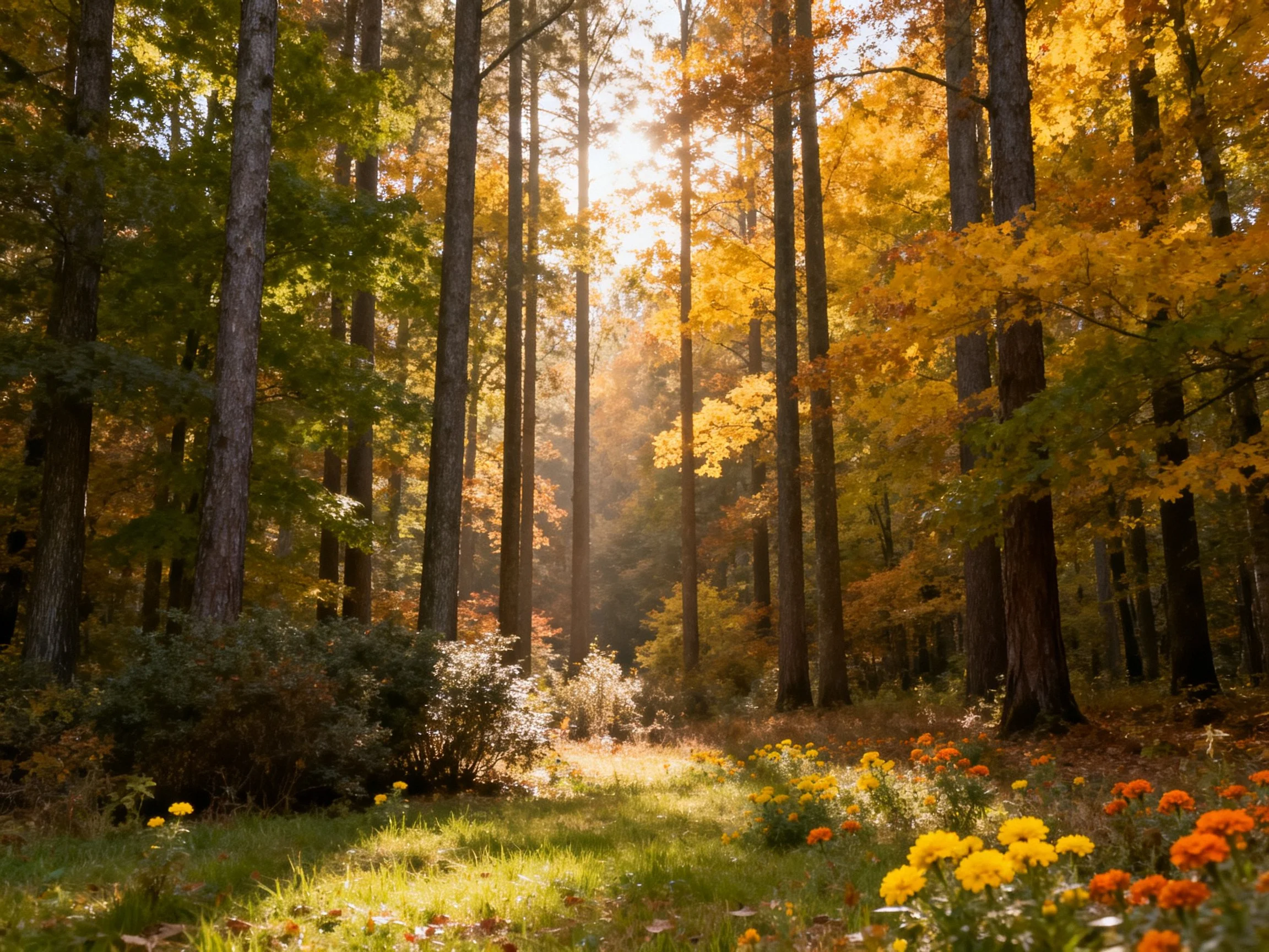 Tall trees frame golden autumn forest with colorful wildflowers
