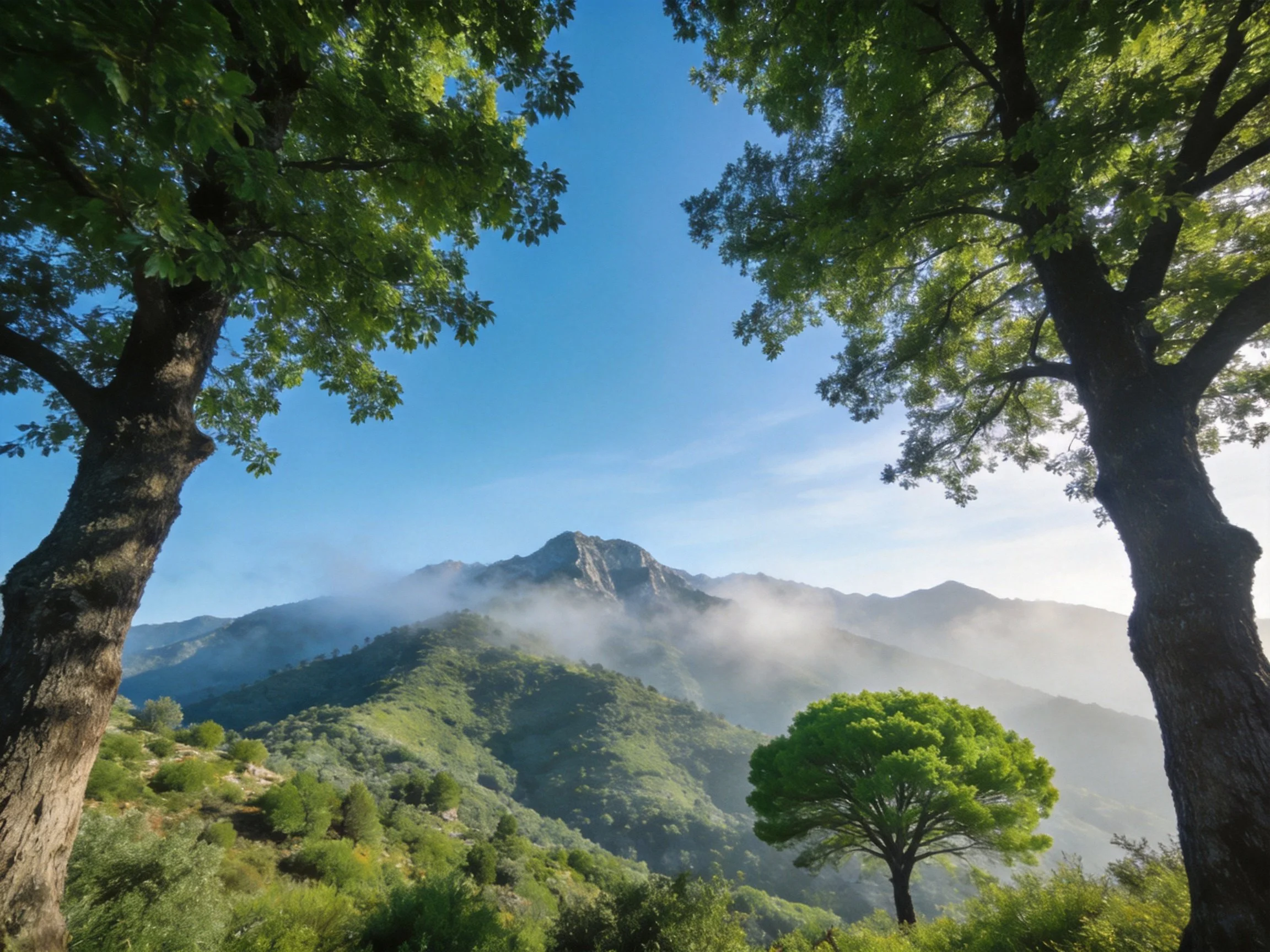 Tall trees frame misty mountain peaks with verdant slopes