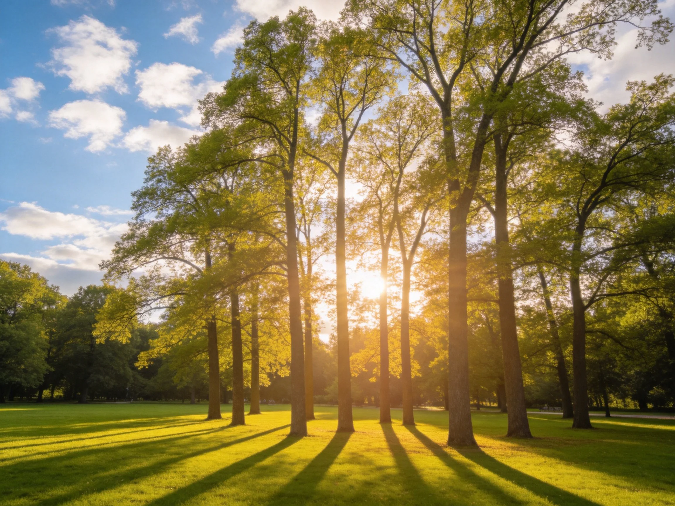 Tall trees illuminated by golden sunlight in a green park