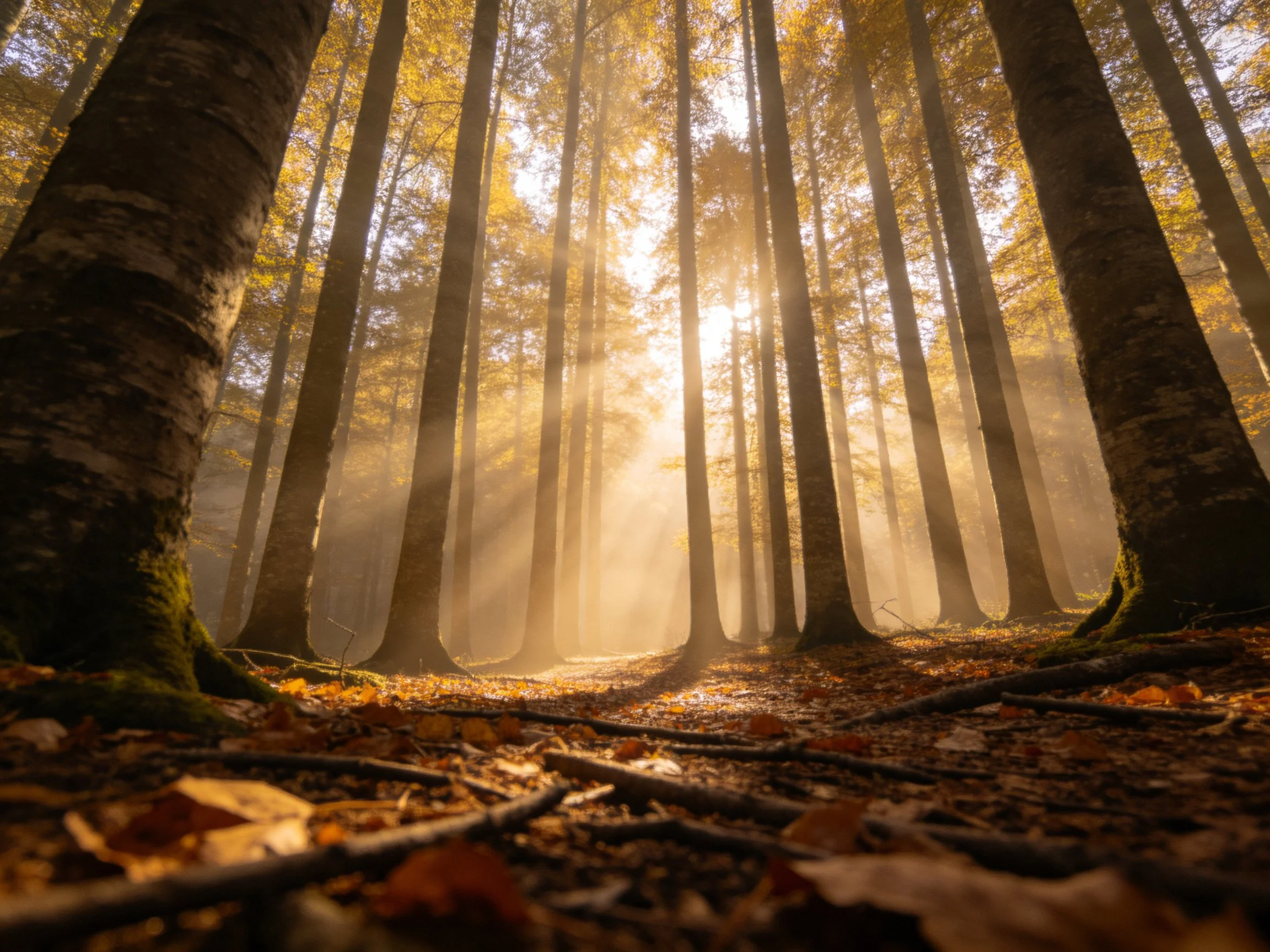 Tall trees in autumn forest with golden sunbeams and leaf-covered ground