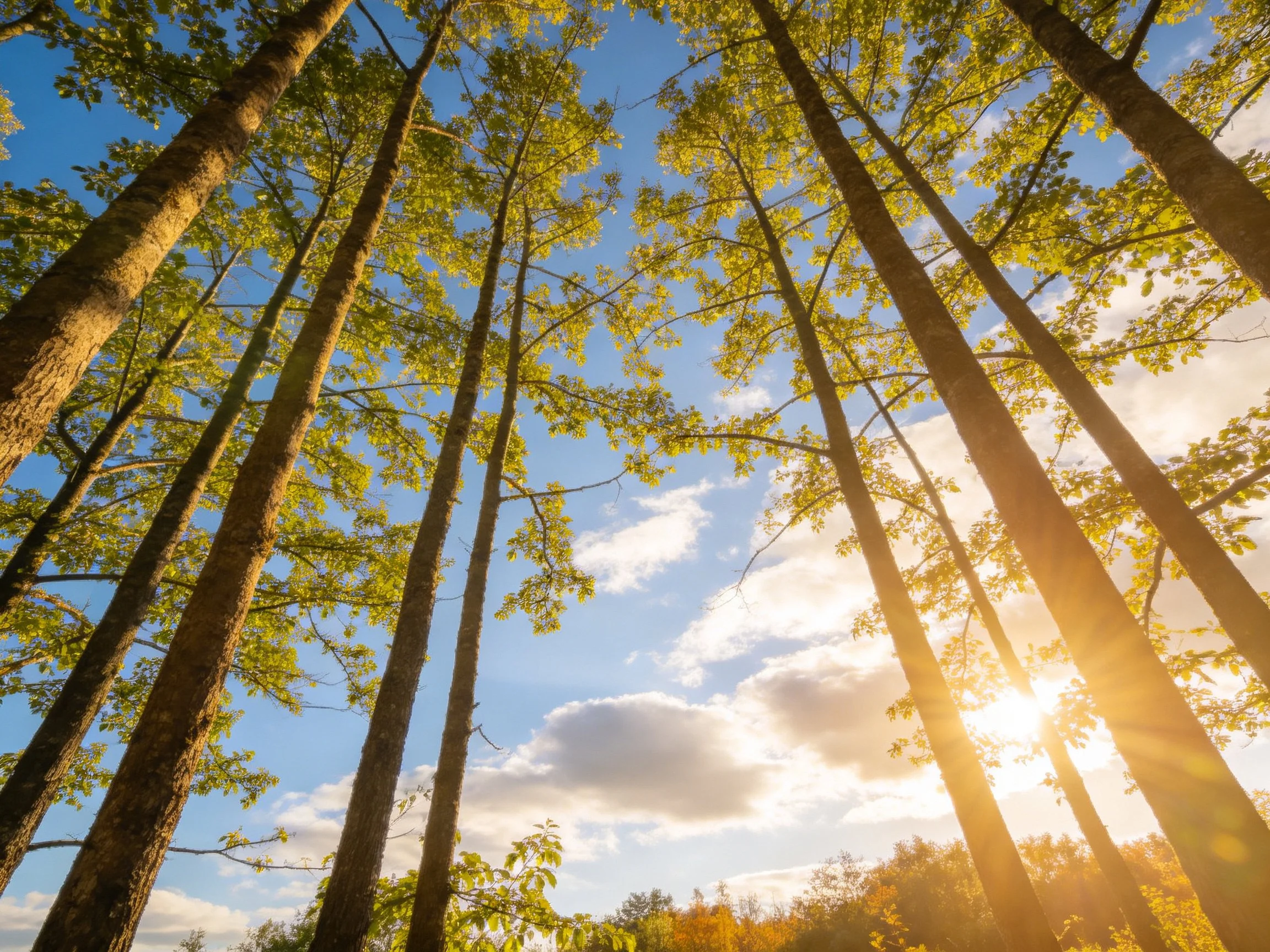 Tall trees reaching toward sunlit blue sky with golden rays