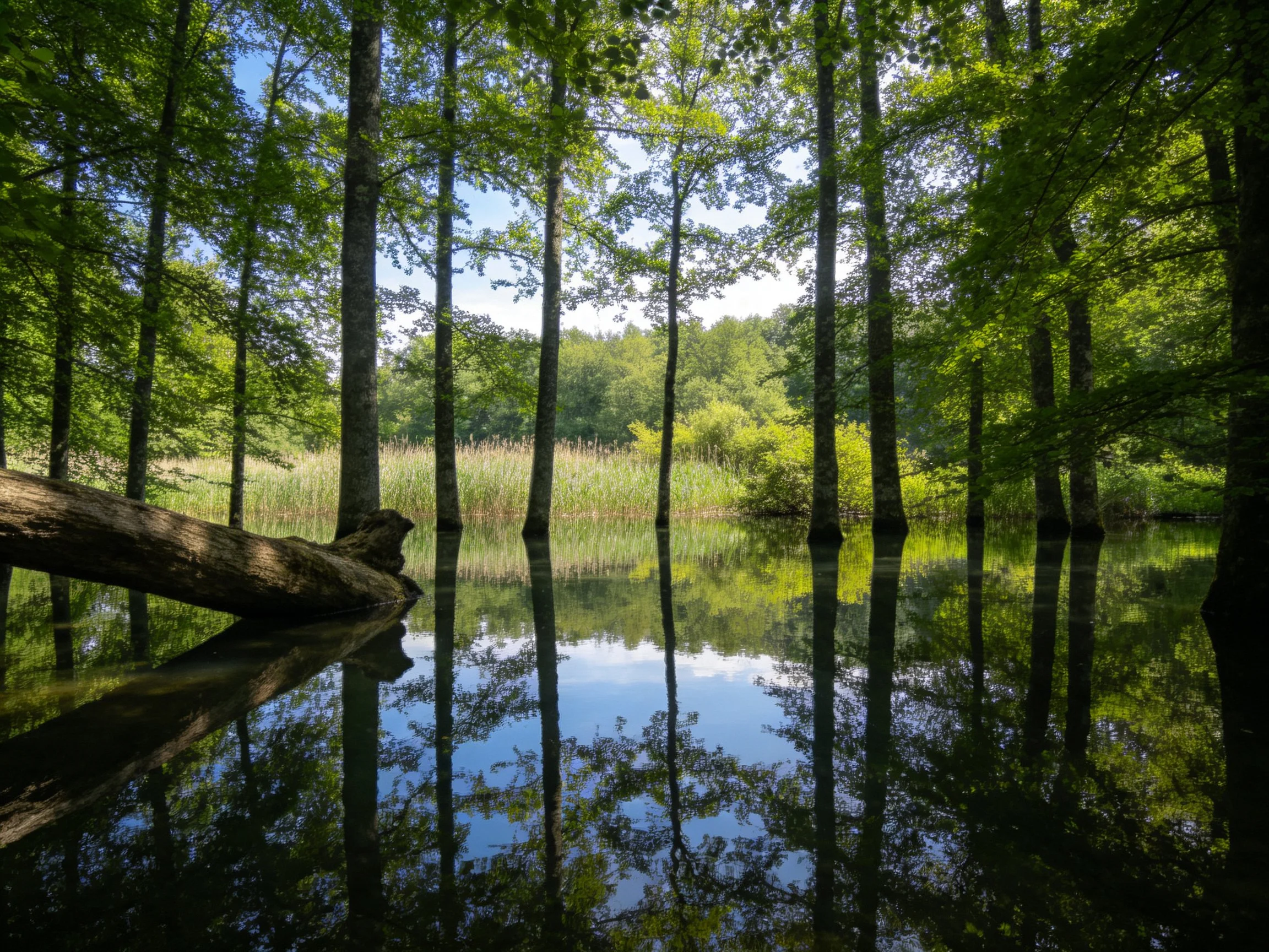 Tall trees reflected in calm forest pond waters