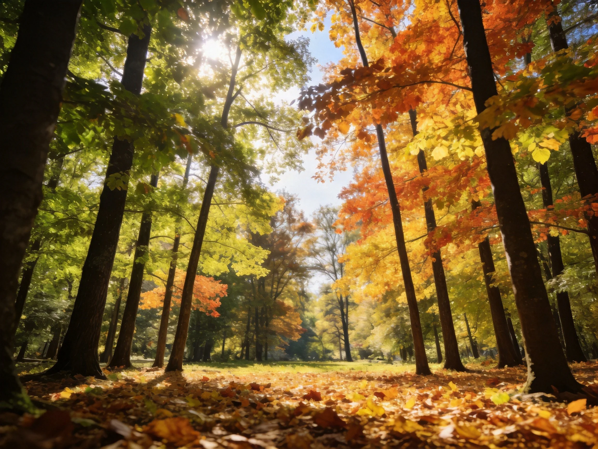 Tall trees show green and golden-orange foliage in sunlit autumn woods