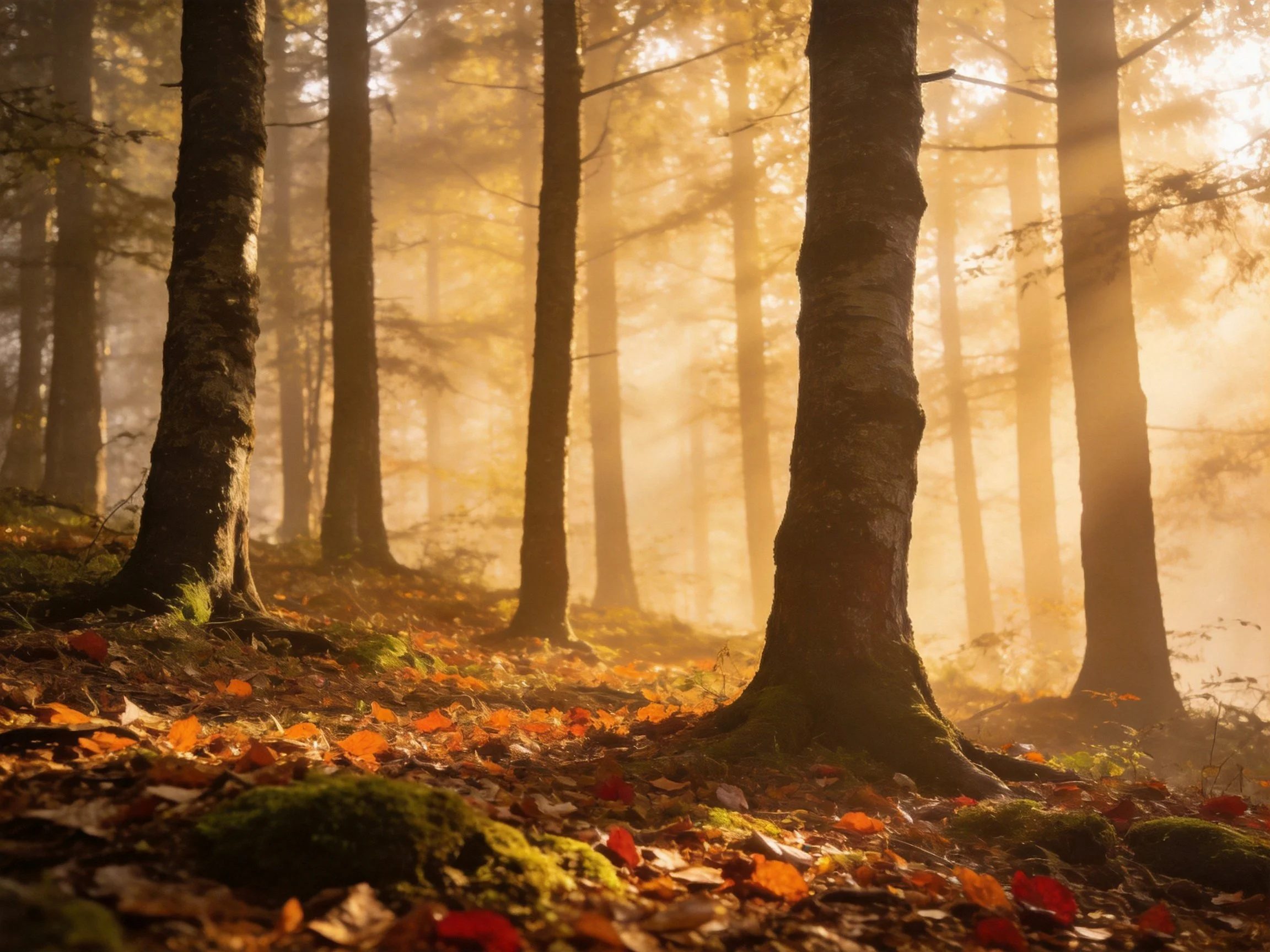 Tall trees stand amid autumn leaves in a misty golden forest