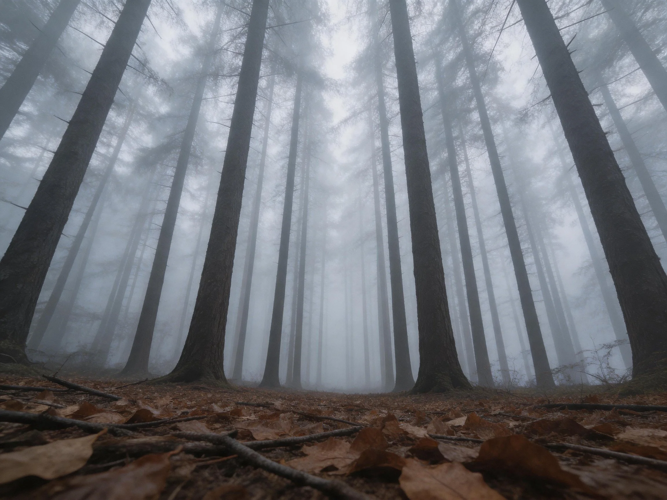 Tall trees stand in thick fog over leaf-strewn forest floor