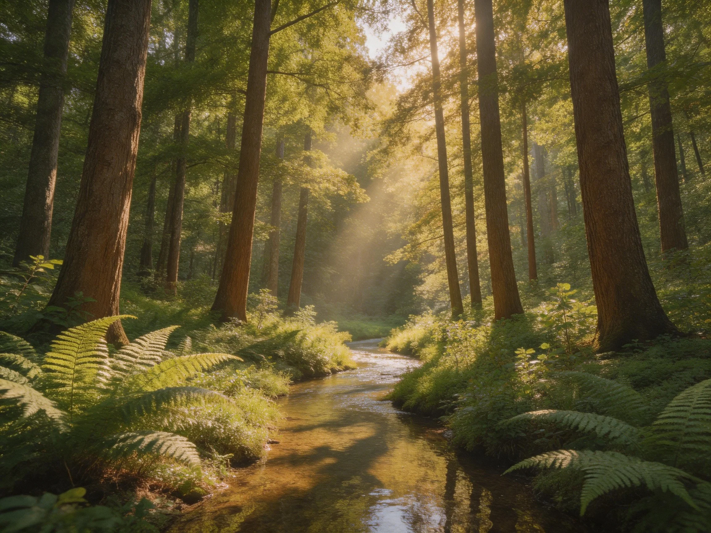 Tall trees surround a sun-dappled forest stream
