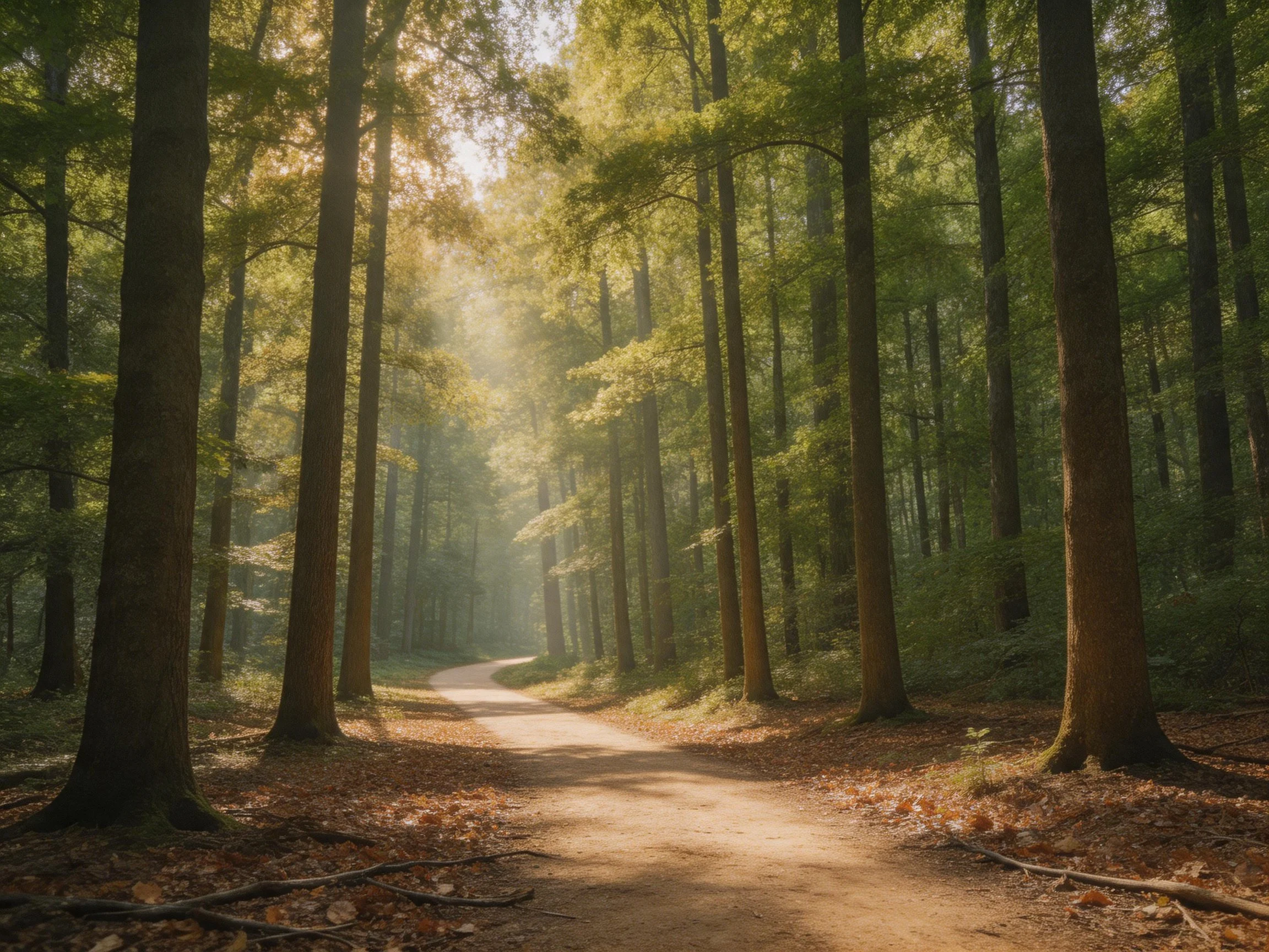 Tall trees surround a sunlit forest path with scattered leaves